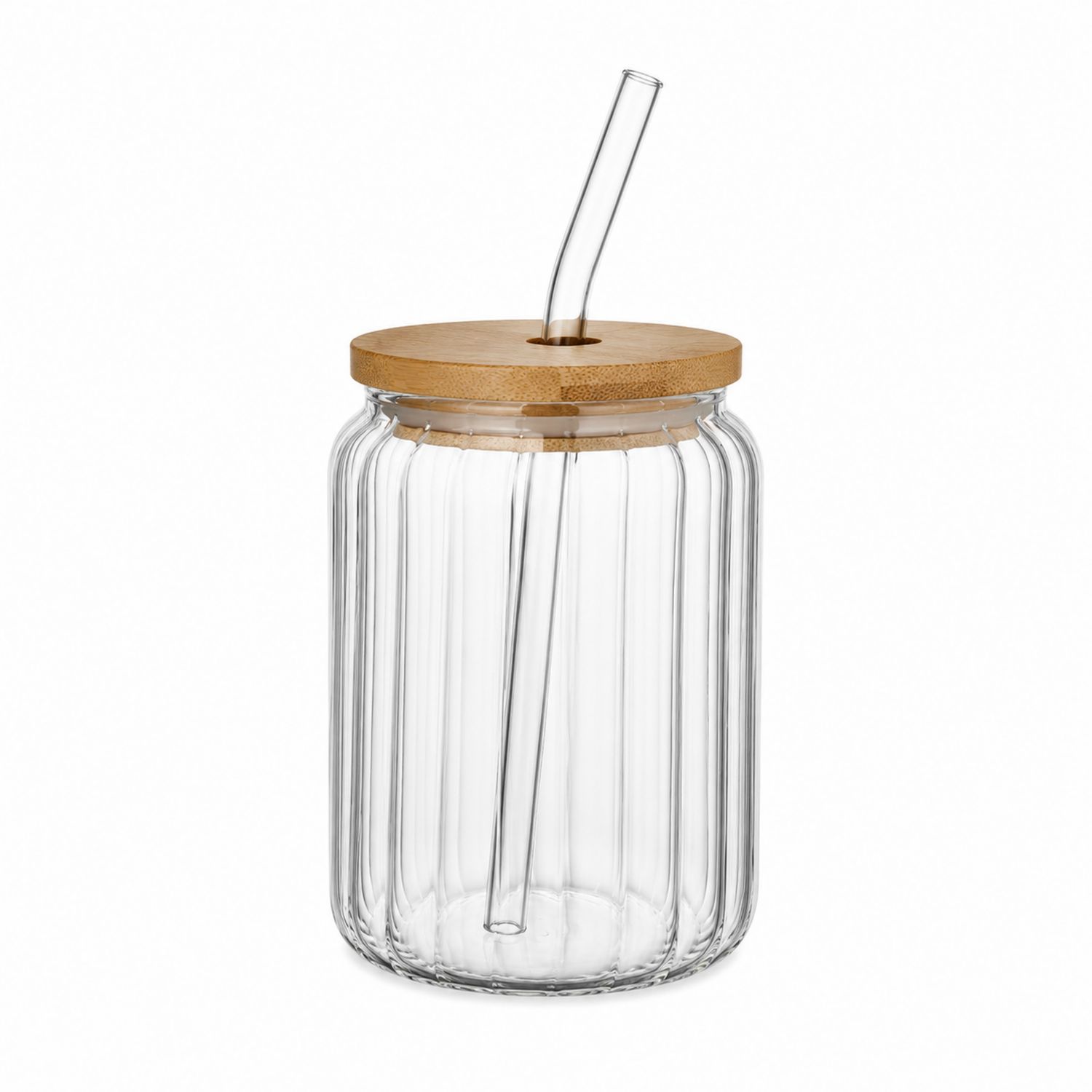 Glas Trinkbecher mit Bambusdeckel und Glasstrohhalm 500ml Transparent