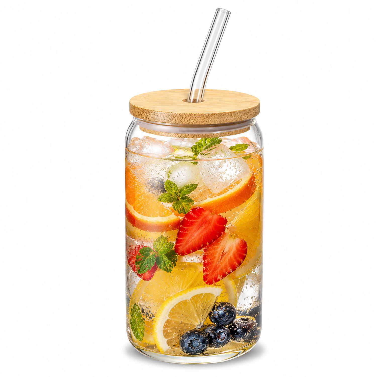 Transparenter Trinkbecher mit Bambusdeckel und Glasstrohhalm, 500 ml