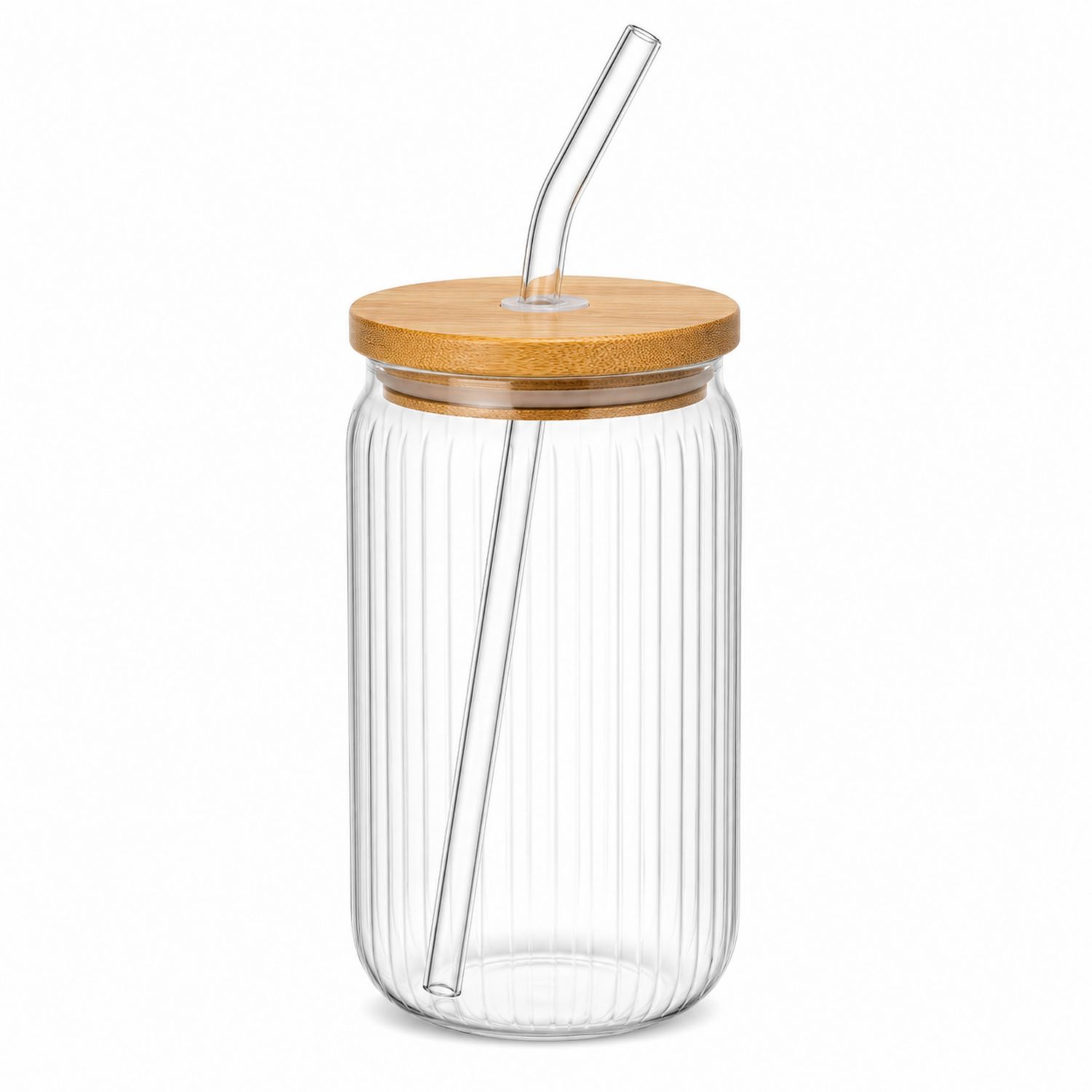 Stilvolles Trinkglas mit Bambusdeckel und Glastrinkhalm, transparent, 500ml