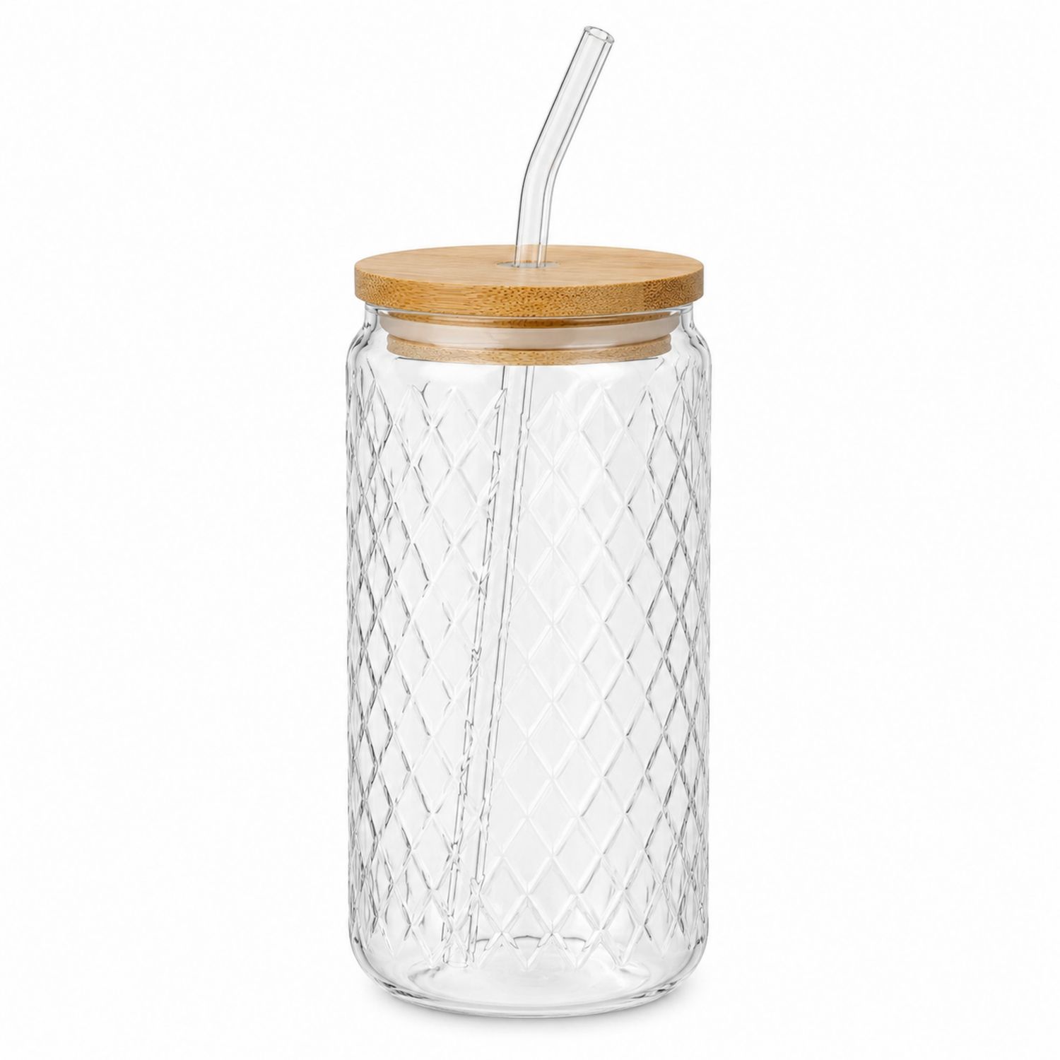 Transparenter Glasbecher mit Bambusdeckel und Strohhalm 500ml