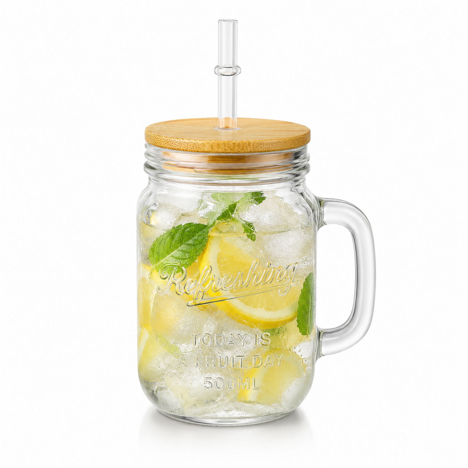 Glas-Trinkbecher mit Bambusdeckel und Strohhalm 500ml Klar