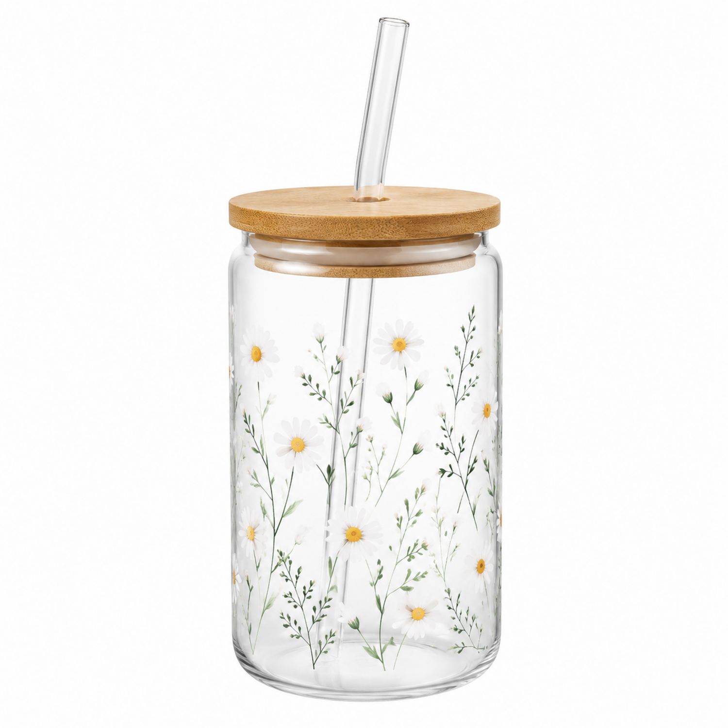 Glasbecher mit Bambusdeckel und Strohhalm 500ml Gänseblümchen