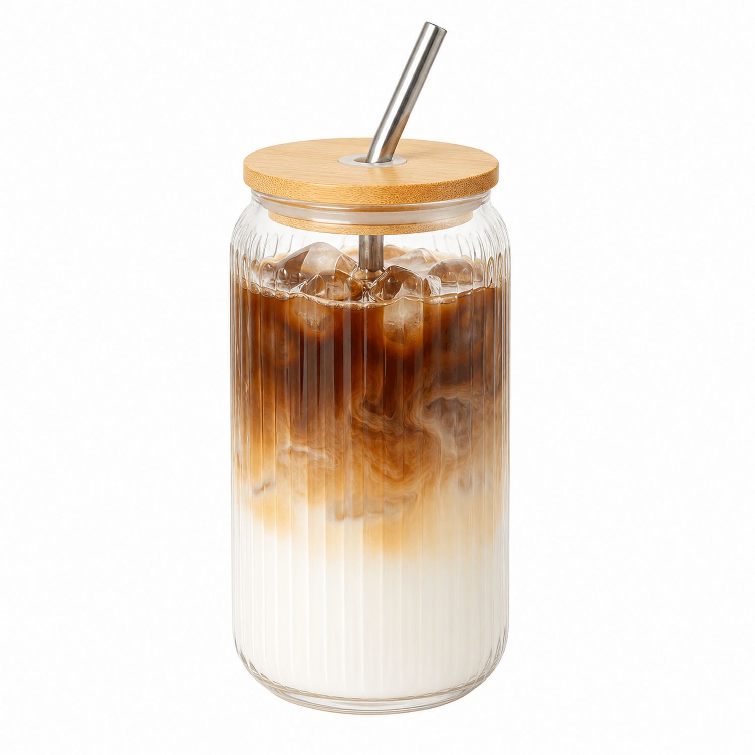 Glas mit Edelstahlstrohhalm und Bambusdeckel, 400ml