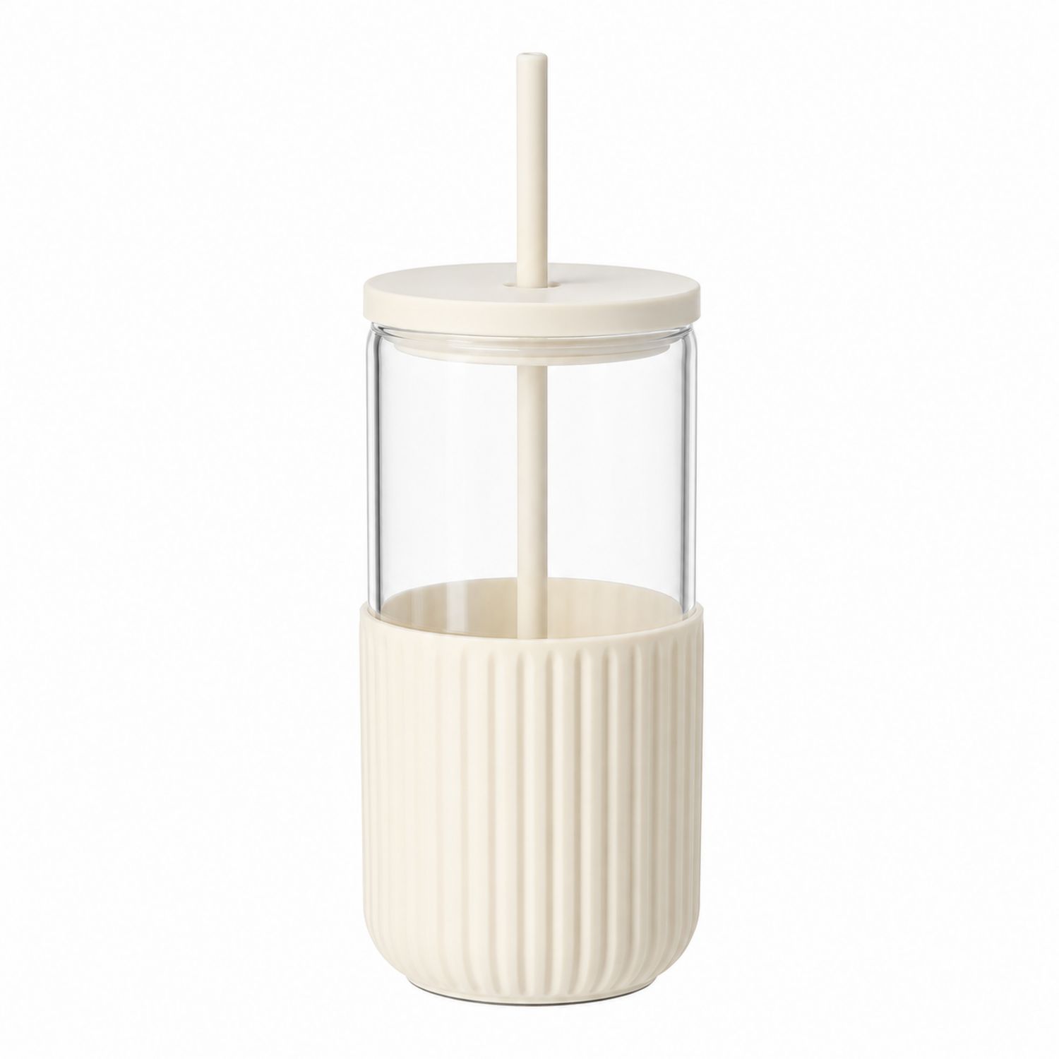 Transparenter Becher mit Strohhalm und Silikonhülle, Beige