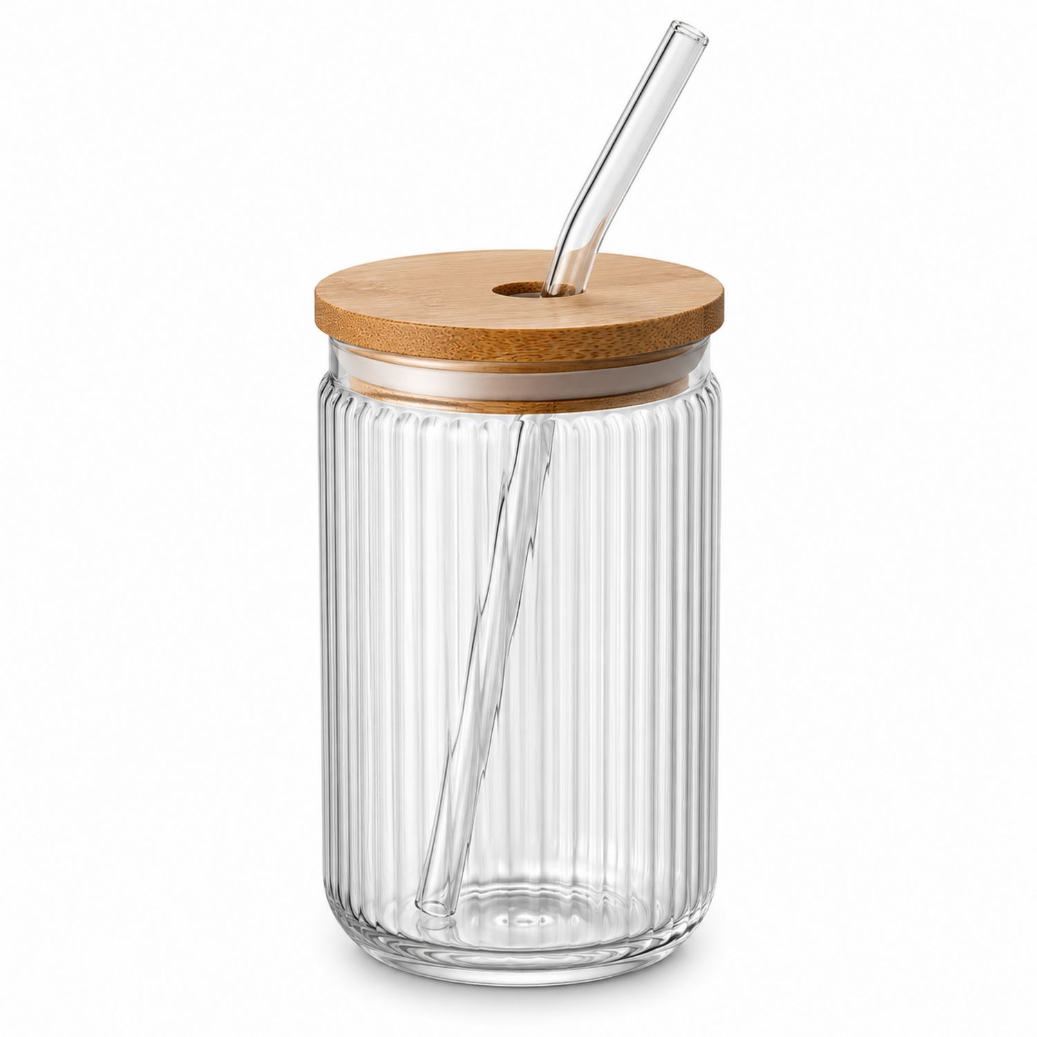 Geripptes Glas-Trinkgefäß mit Bambusdeckel und Glastrinkhalm 500ml