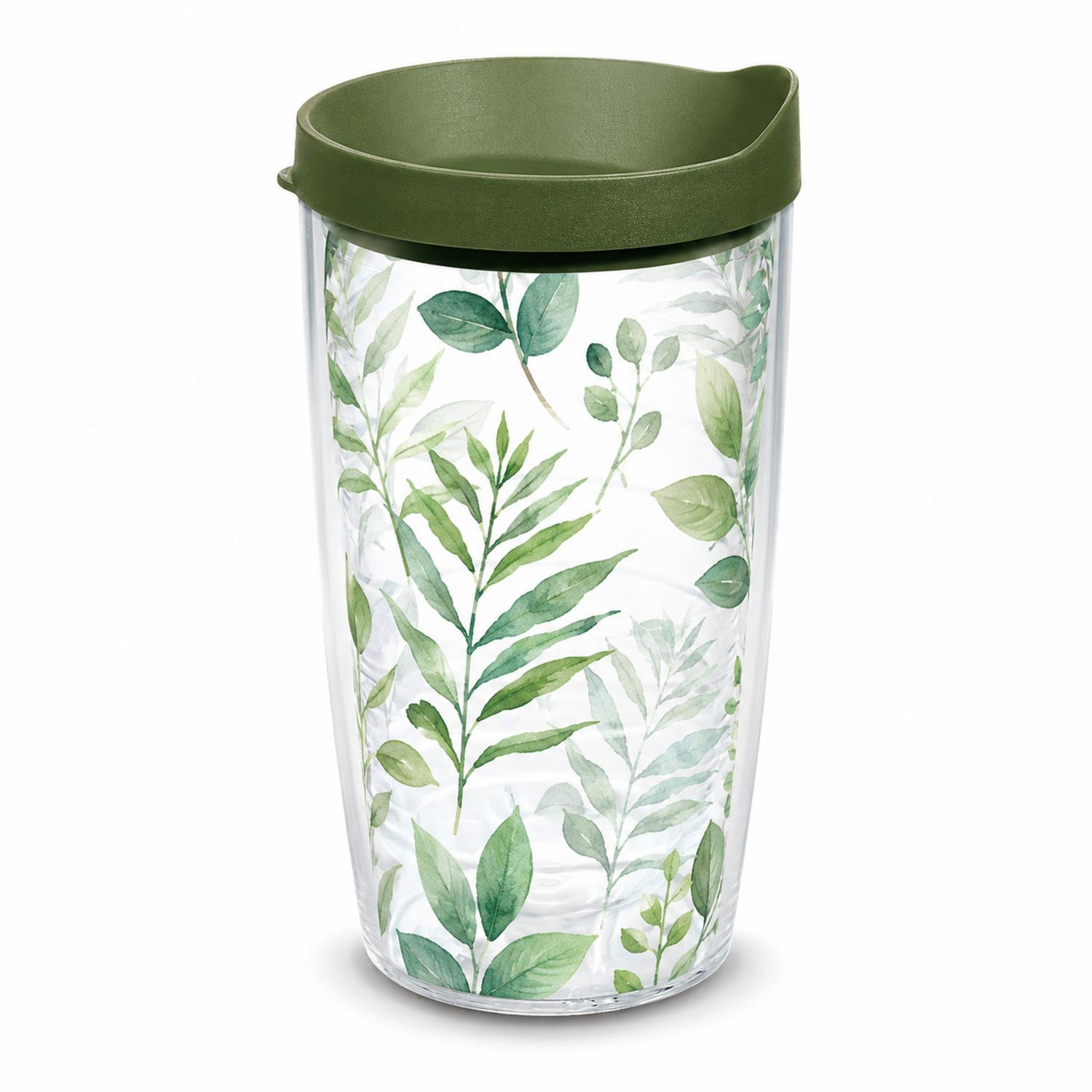 Doppelwandiger Thermobecher mit Blattdesign und olivgrünem Deckel 450ml