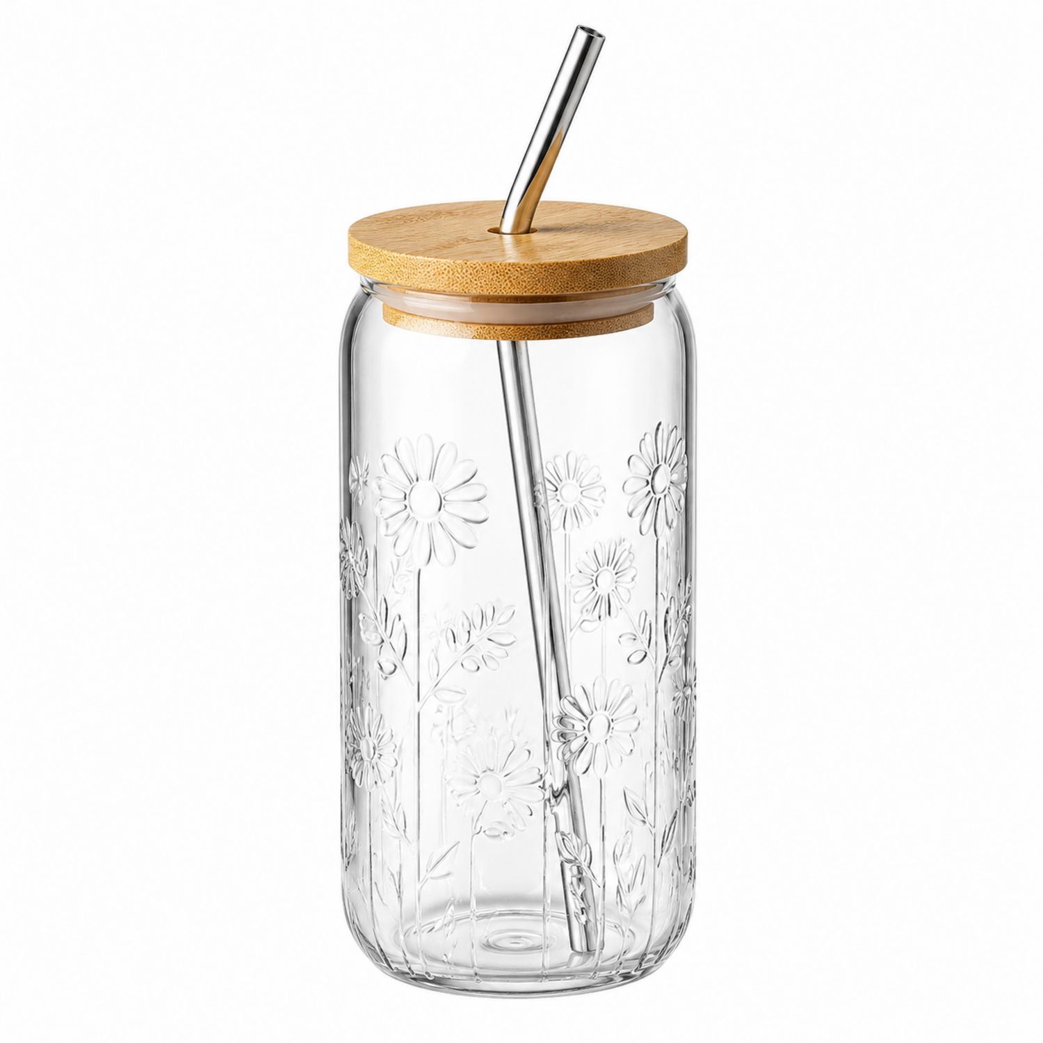 Glasflasche mit Bambusdeckel und Metallstrohhalm, Blumenmuster, 500ml