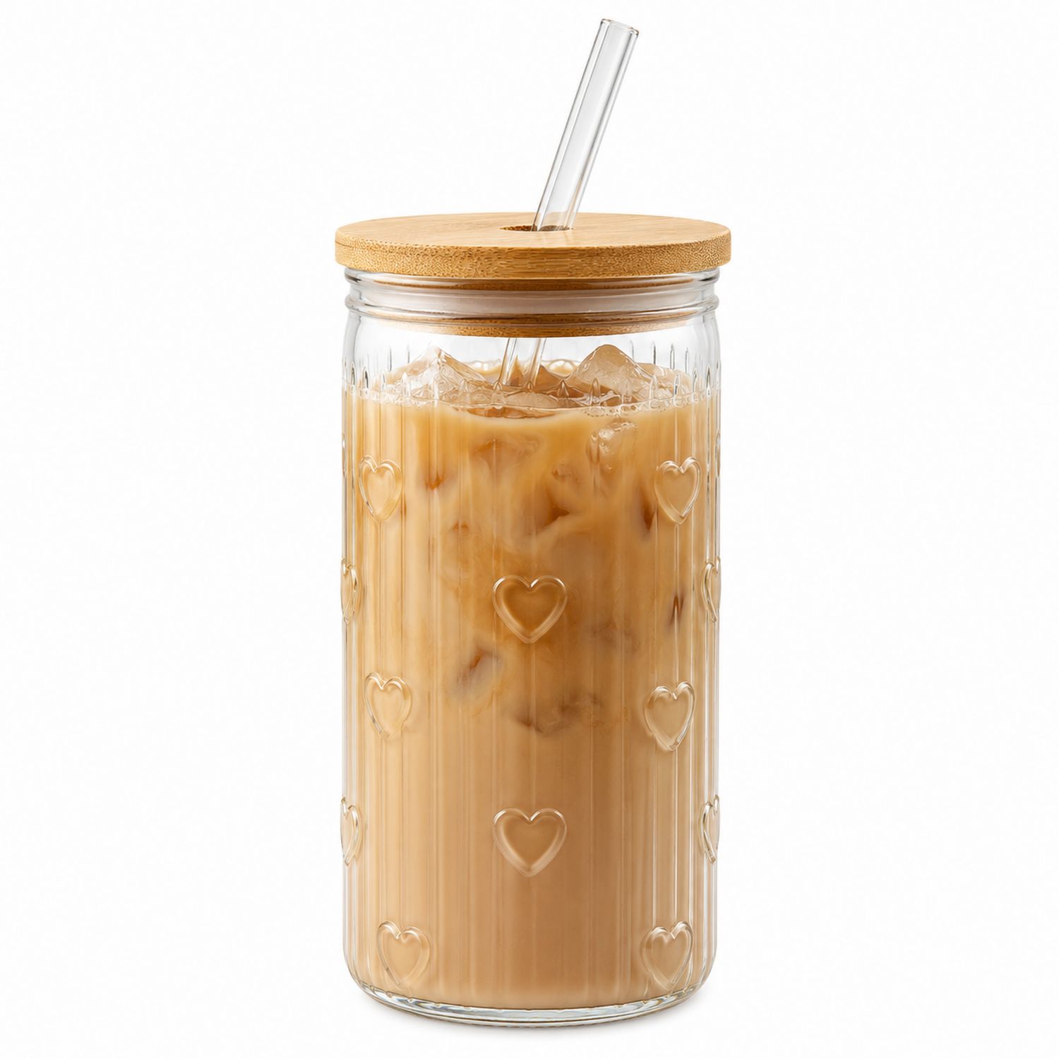 Glasbecher mit Herzmuster, Bambusdeckel und Strohhalm, 500 ml