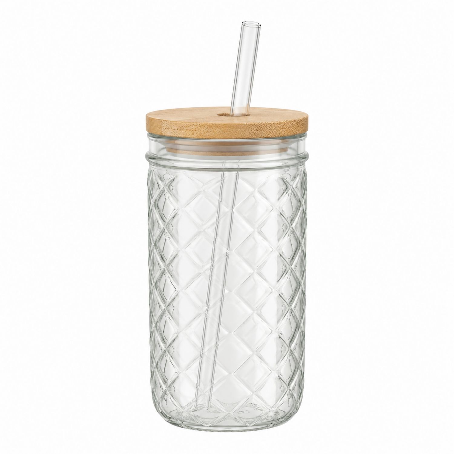 Transparenter Glasbecher mit Bambusdeckel und Strohhalm, 500ml