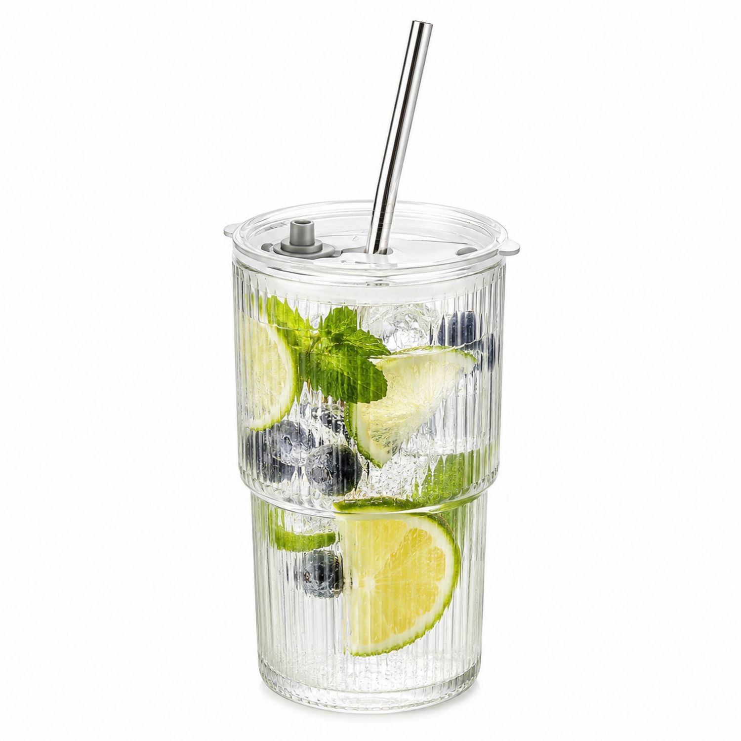 Klarer Trinkbecher mit Glasstrohhalm und Deckel, 400 ml