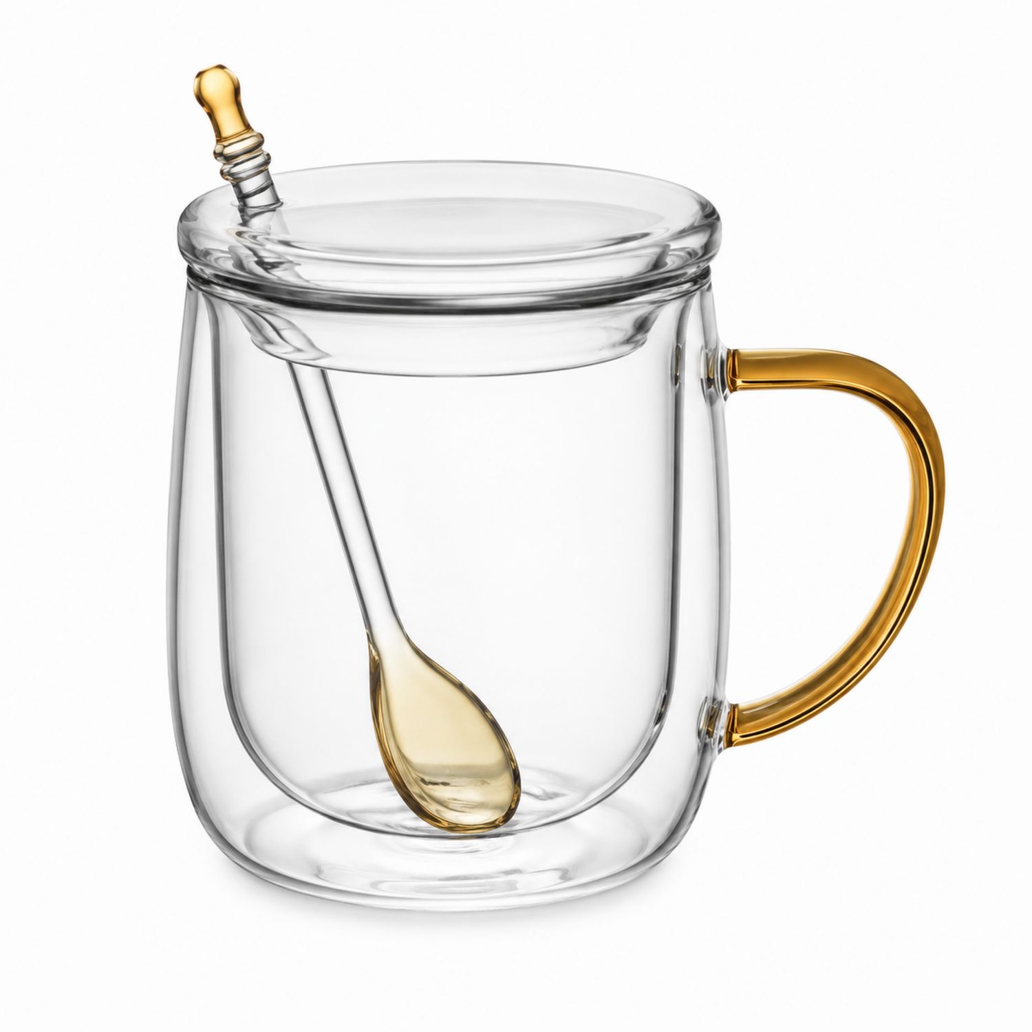 Doppelwandiges Glas mit Löffel, Goldener Griff, 250ml