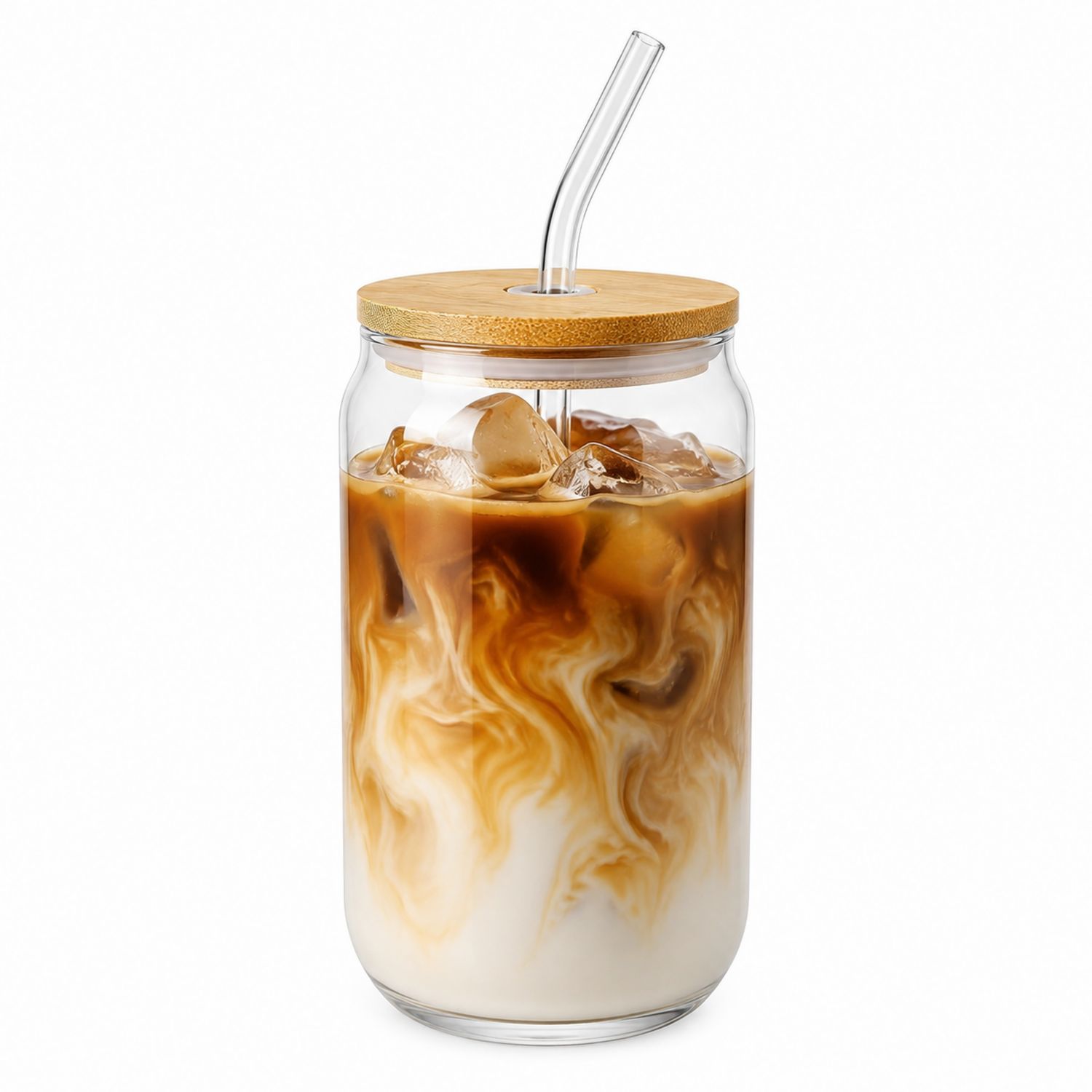 Klarer Trinkbecher mit Bambusdeckel und Glasstrohhalm 500ml