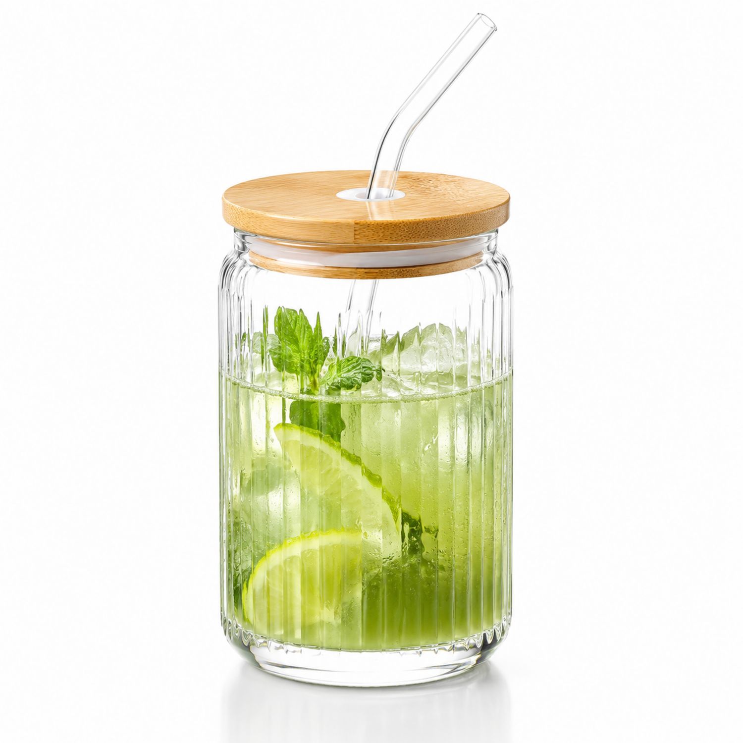 Glas Trinkbecher 500ml mit Bambusdeckel und Glastrinkhalm Transparent