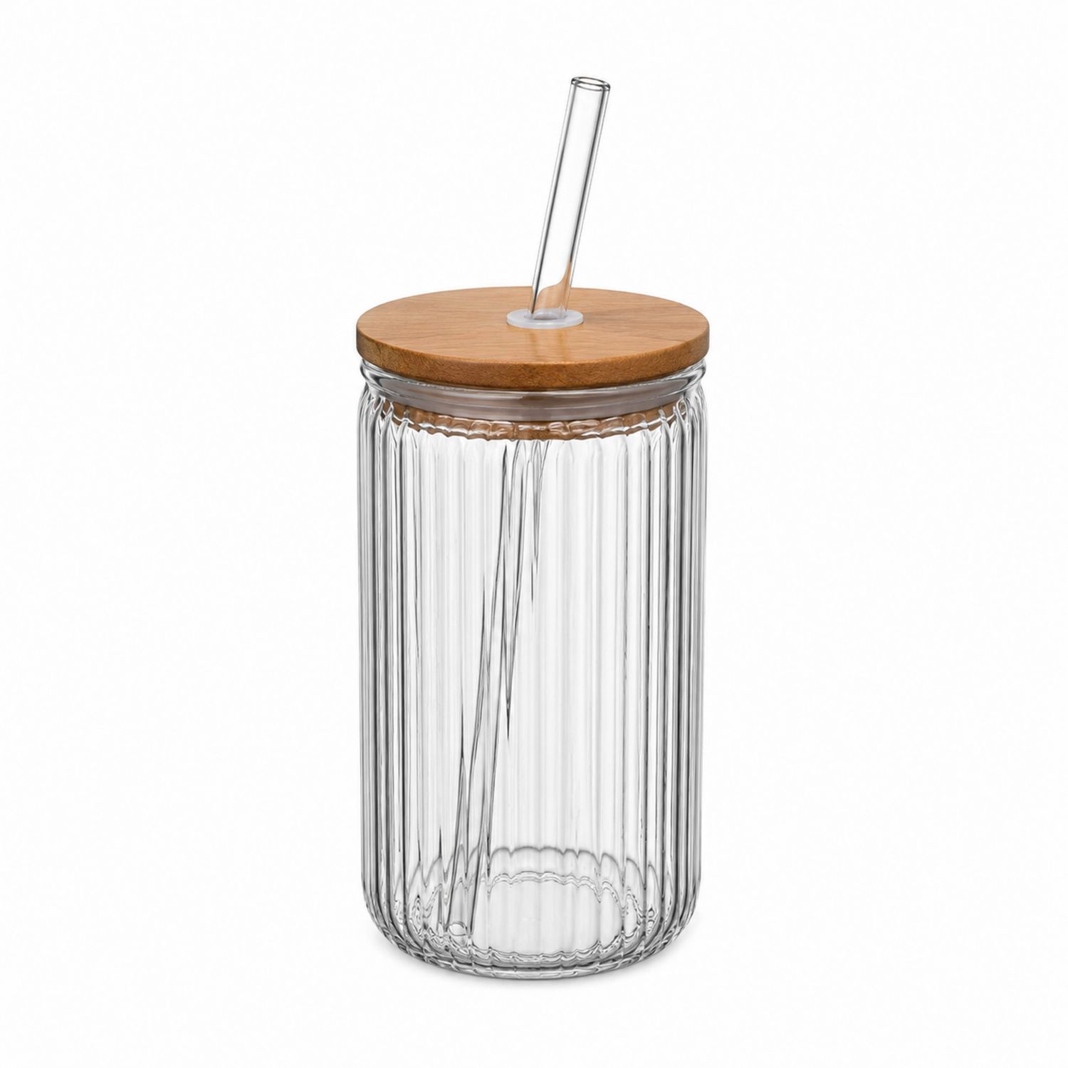 Glastrinkbecher mit Bambusdeckel und Strohhalm - 500ml