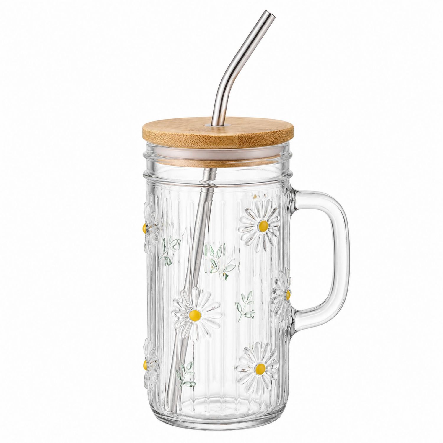Glas Trinkbecher mit Gänseblümchenmuster, Bambusdeckel und Edelstahlstrohhalm, 500 ml