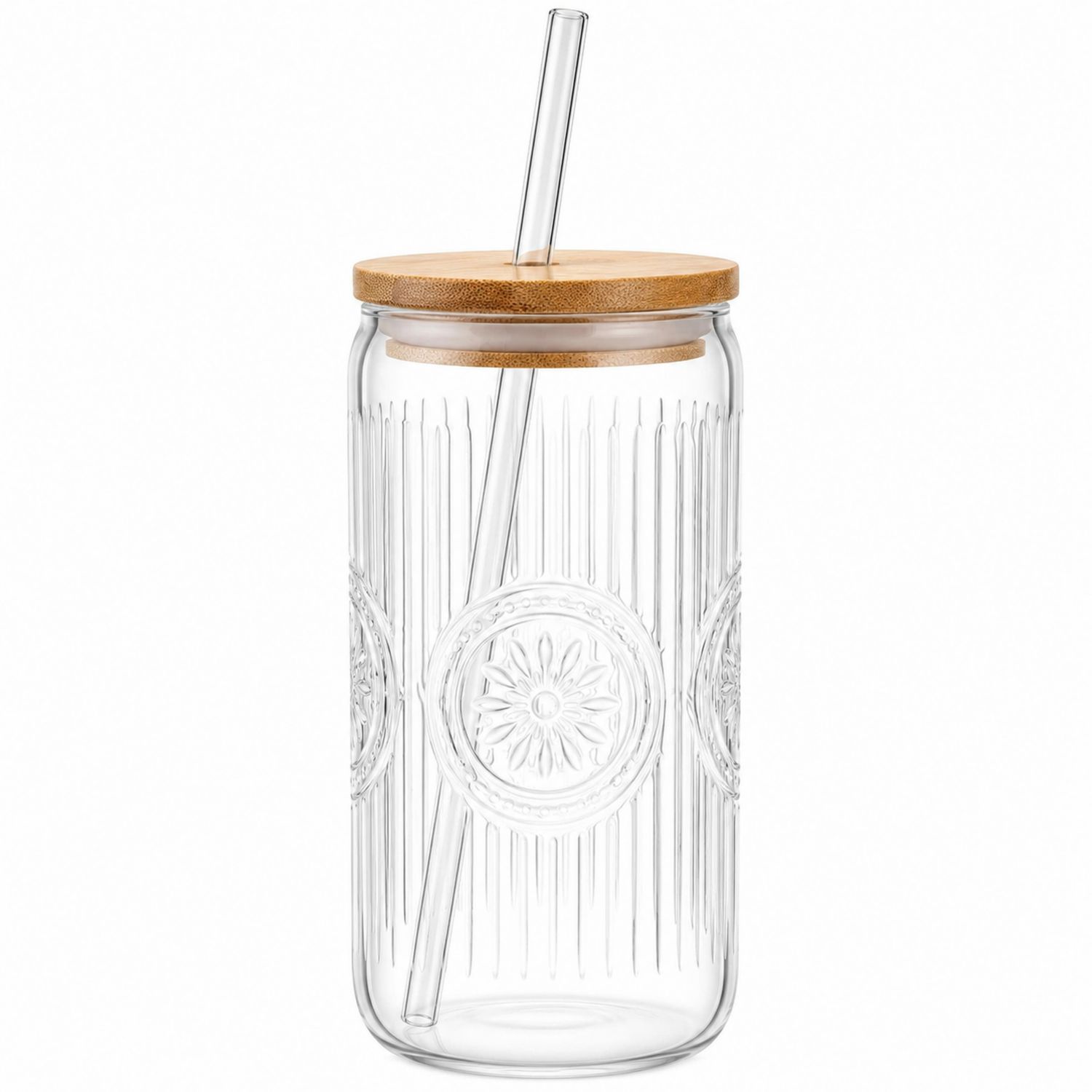 Klarer Glasbecher mit Bambusdeckel und Strohhalm - 500ml