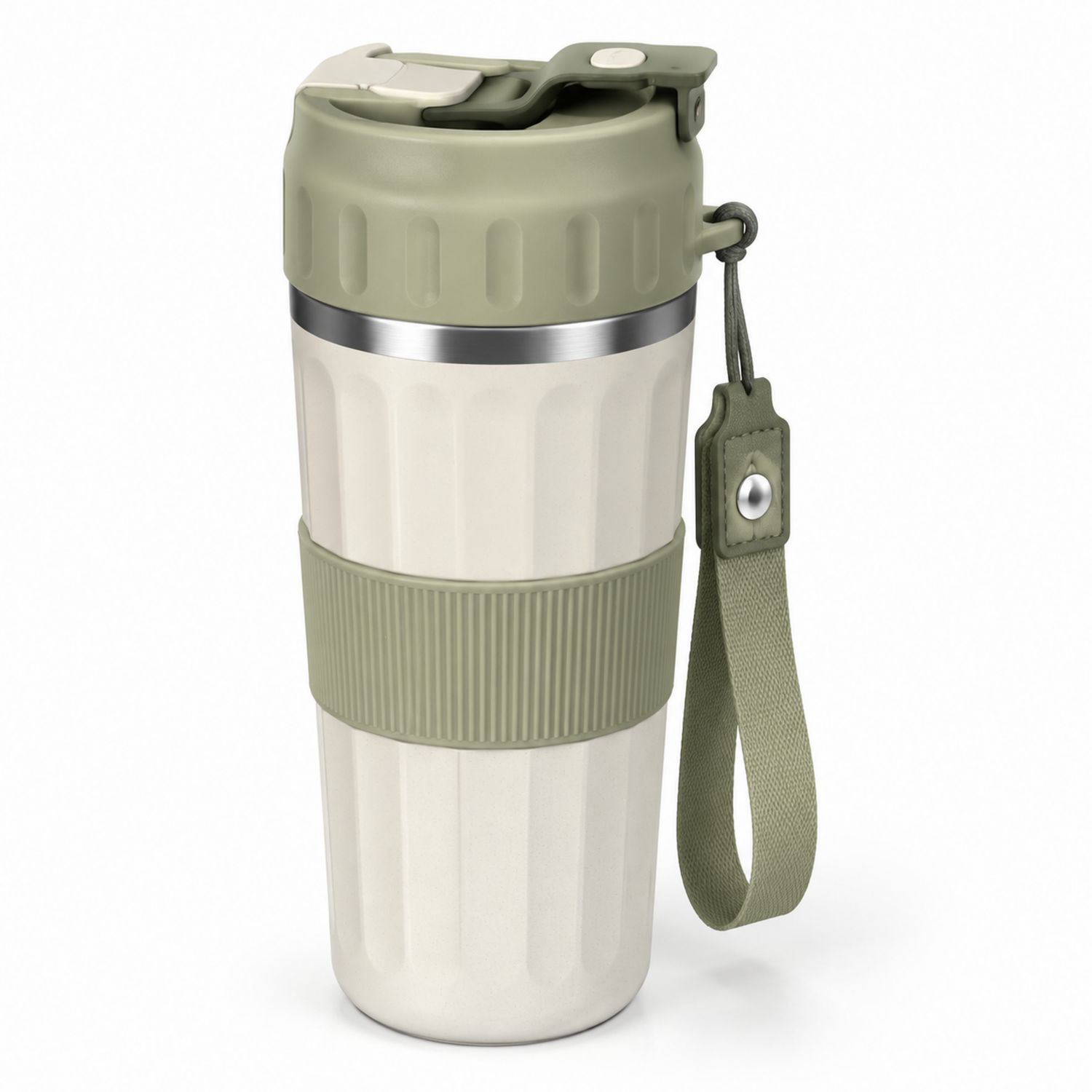 Wiederverwendbarer Thermobecher 500ml Grün/Beige mit Tragegriff
