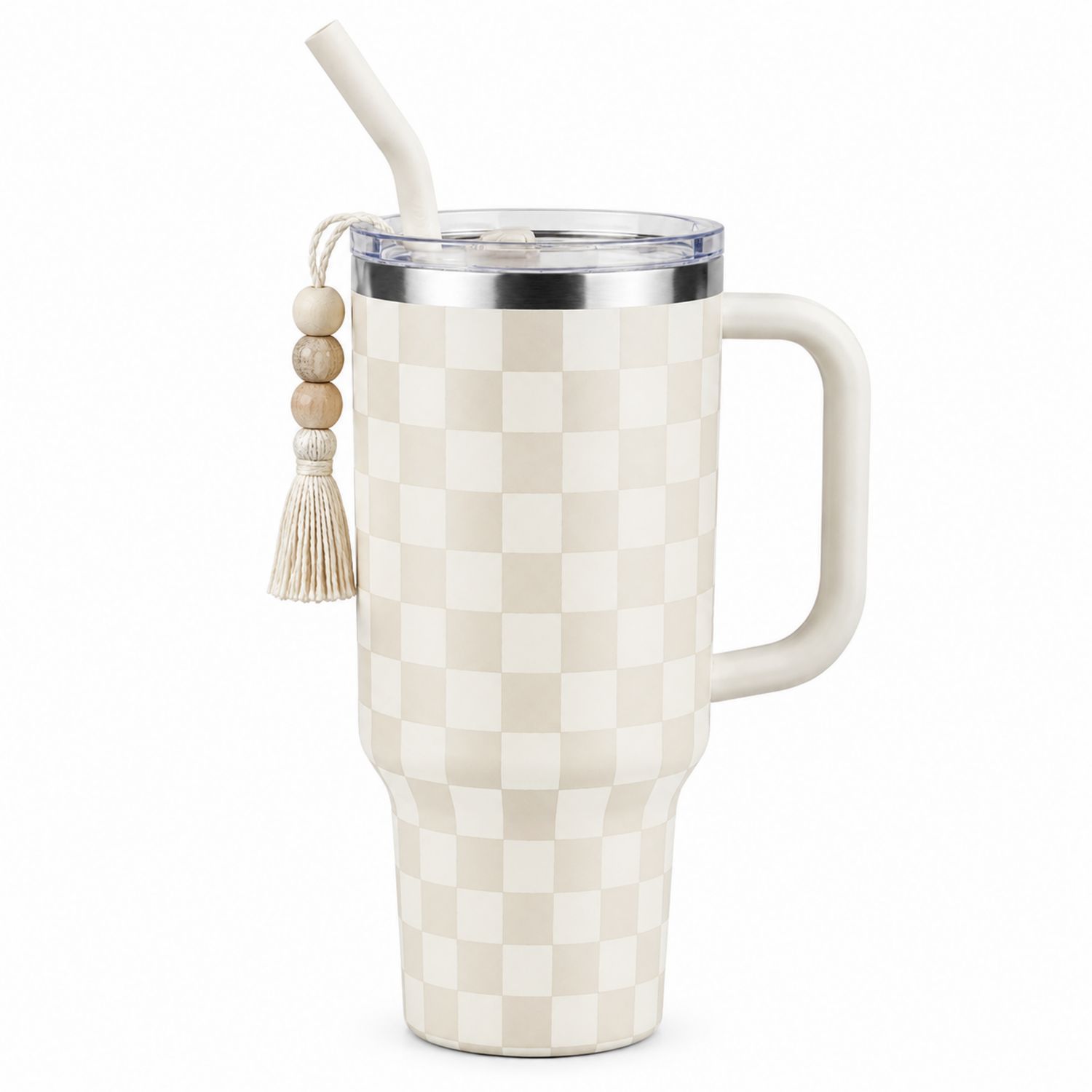 Thermobecher mit Strohhalm Beige Kariert 700ml