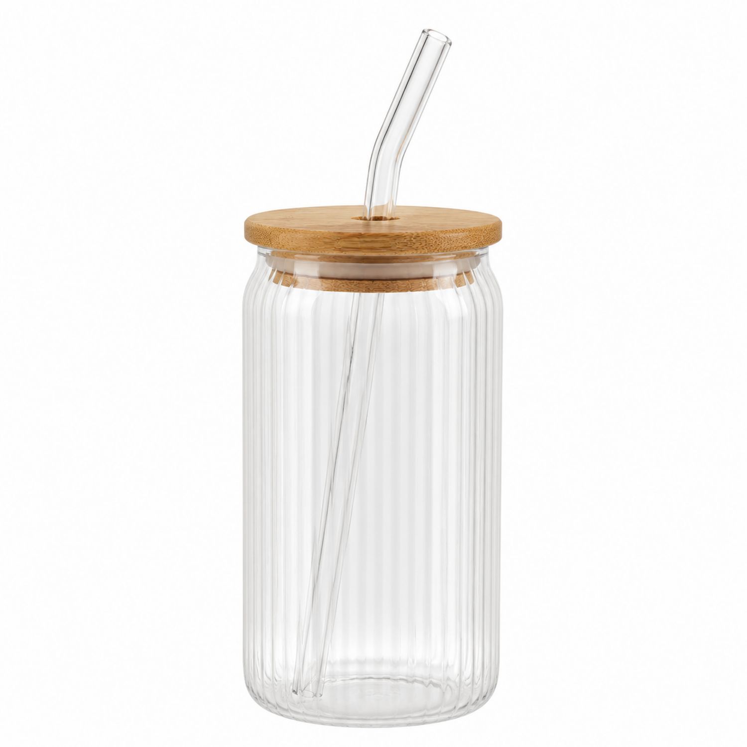 Transparenter Glasbecher mit Bambusdeckel und Glasstrohhalm 500ml