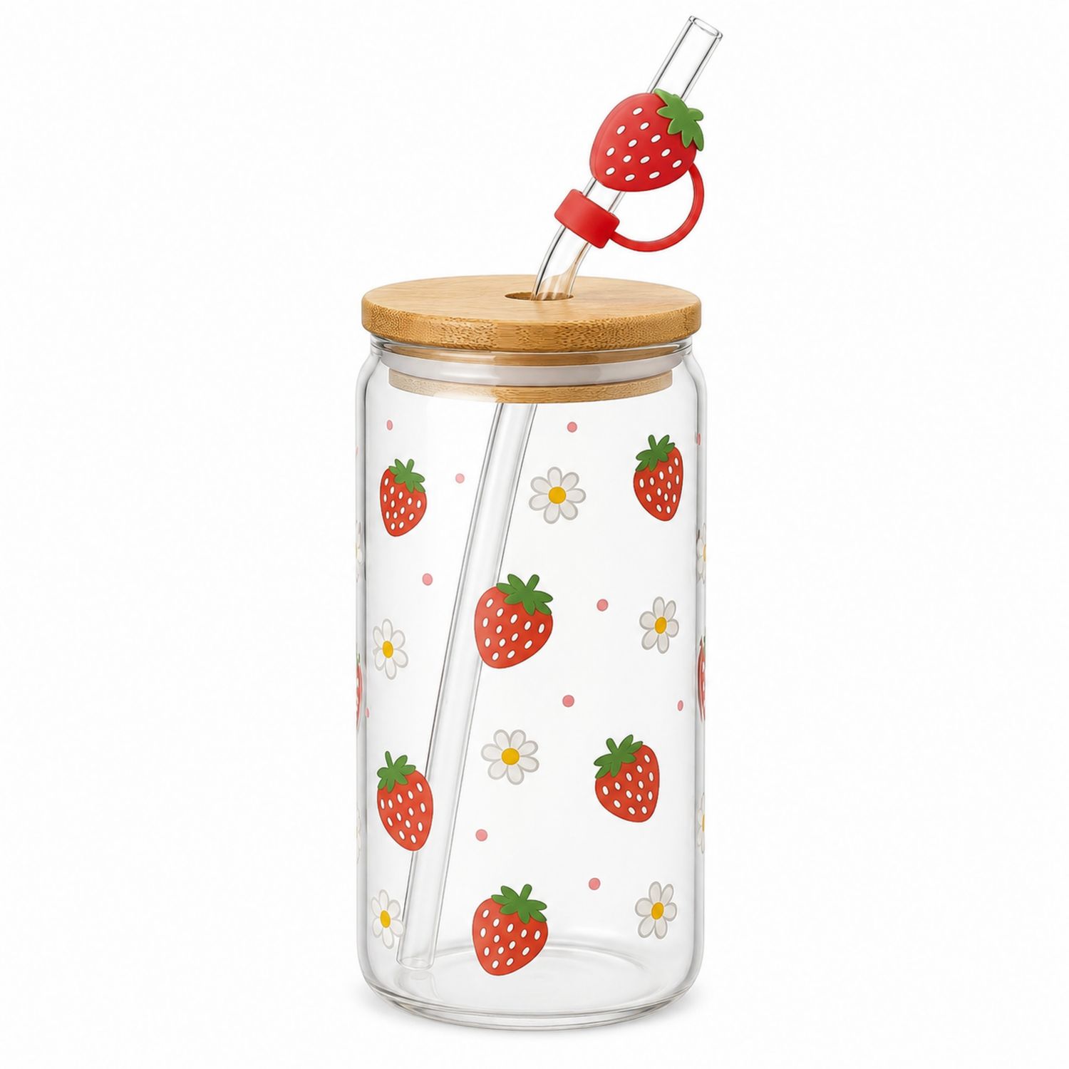 Glastrinkbecher mit Bambusdeckel und Erdbeer-Design 450ml