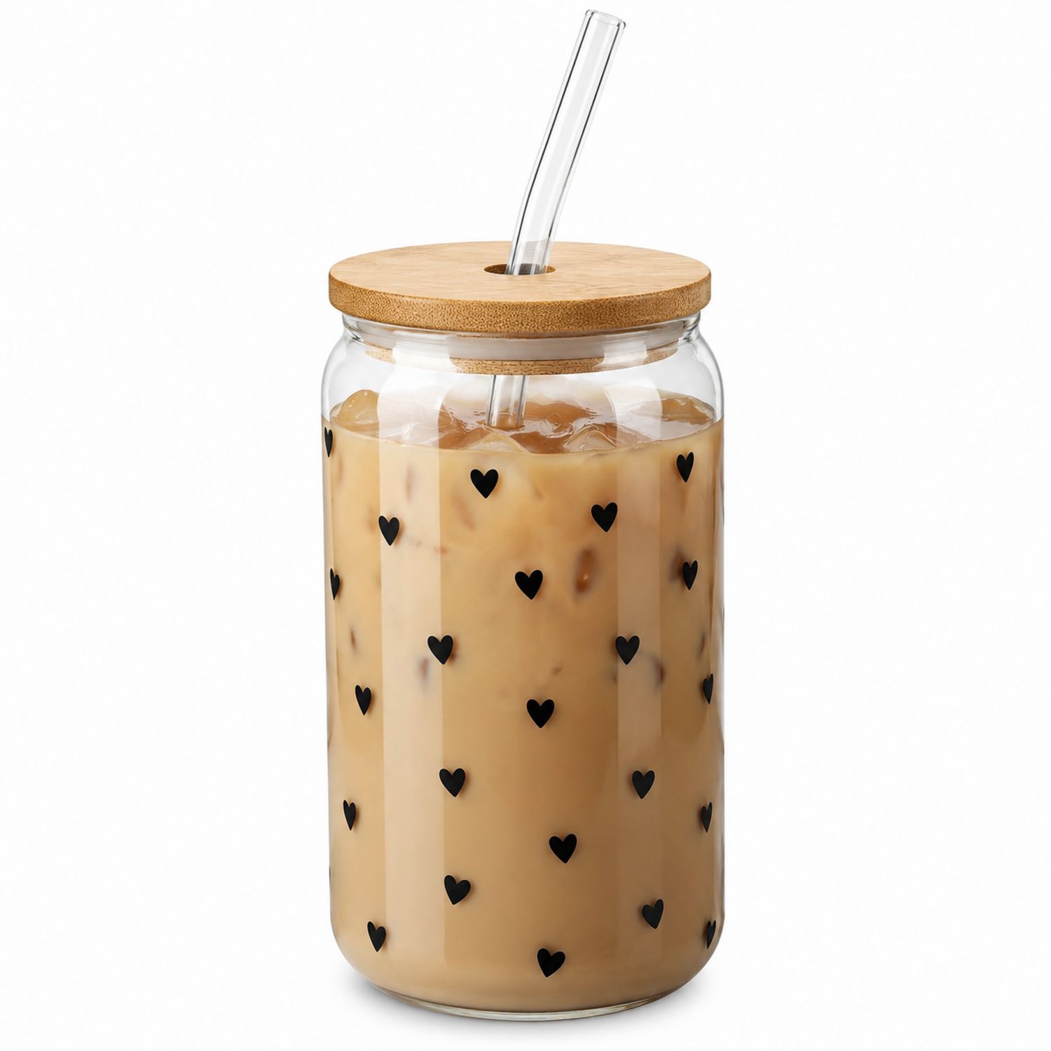 Getränkeglas mit Bambusdeckel und Herzmuster 500 ml