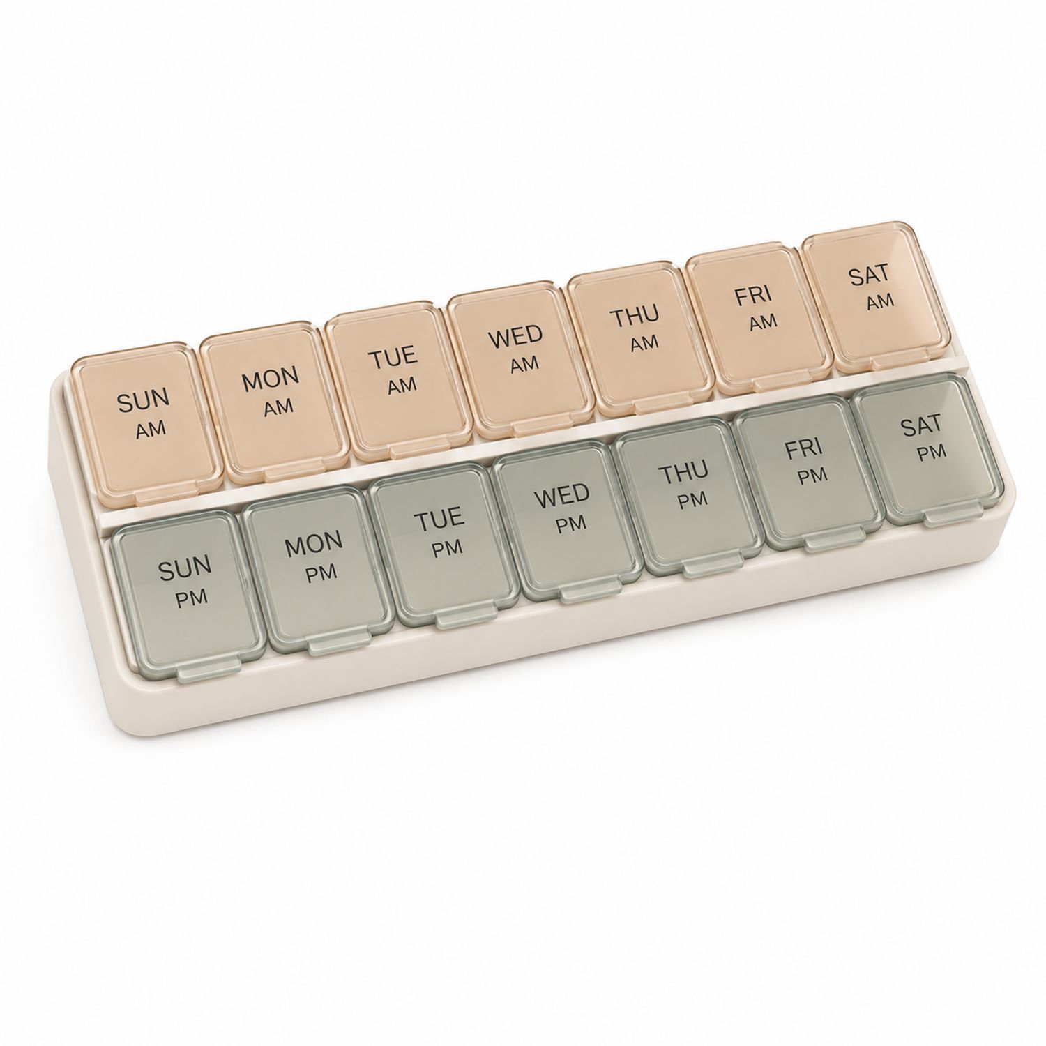 Contenitore settimanale per pillole AM/PM beige e grigio