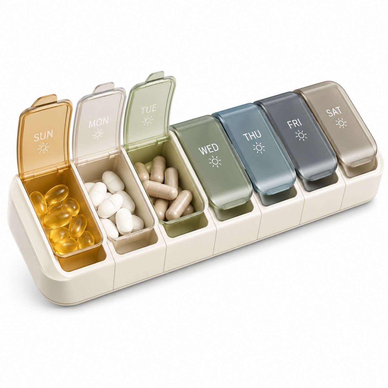 Organizer settimanale per pillole con scomparti colorati