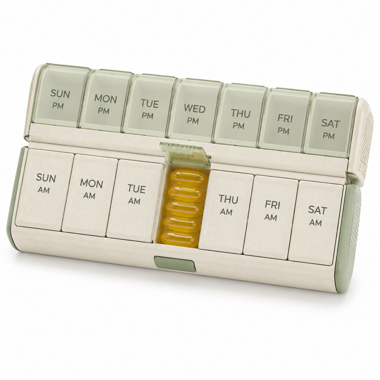 Portapillole settimanale con scomparti AM-PM, Beige e Verde