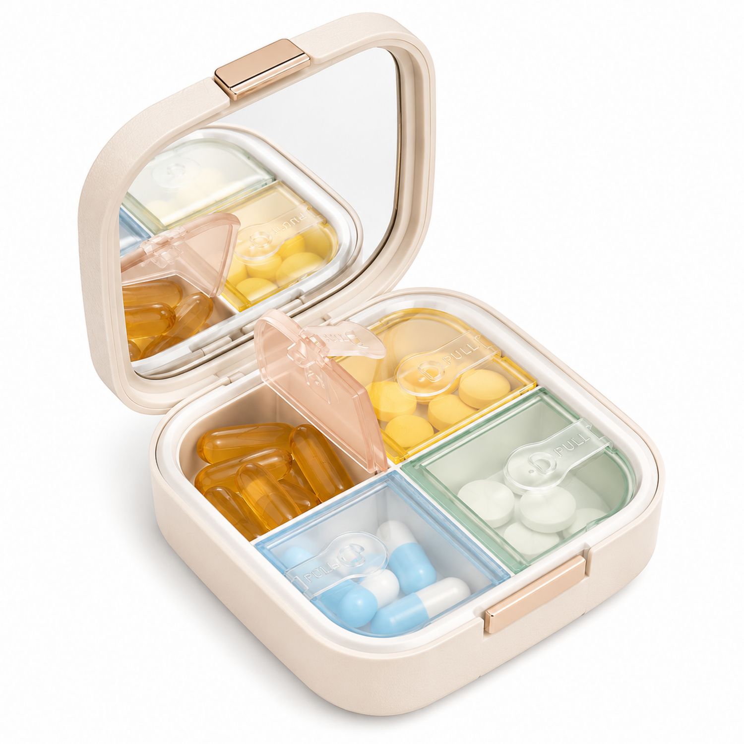 Portapillole Quadrato con Specchio e 4 Scomparti Beige