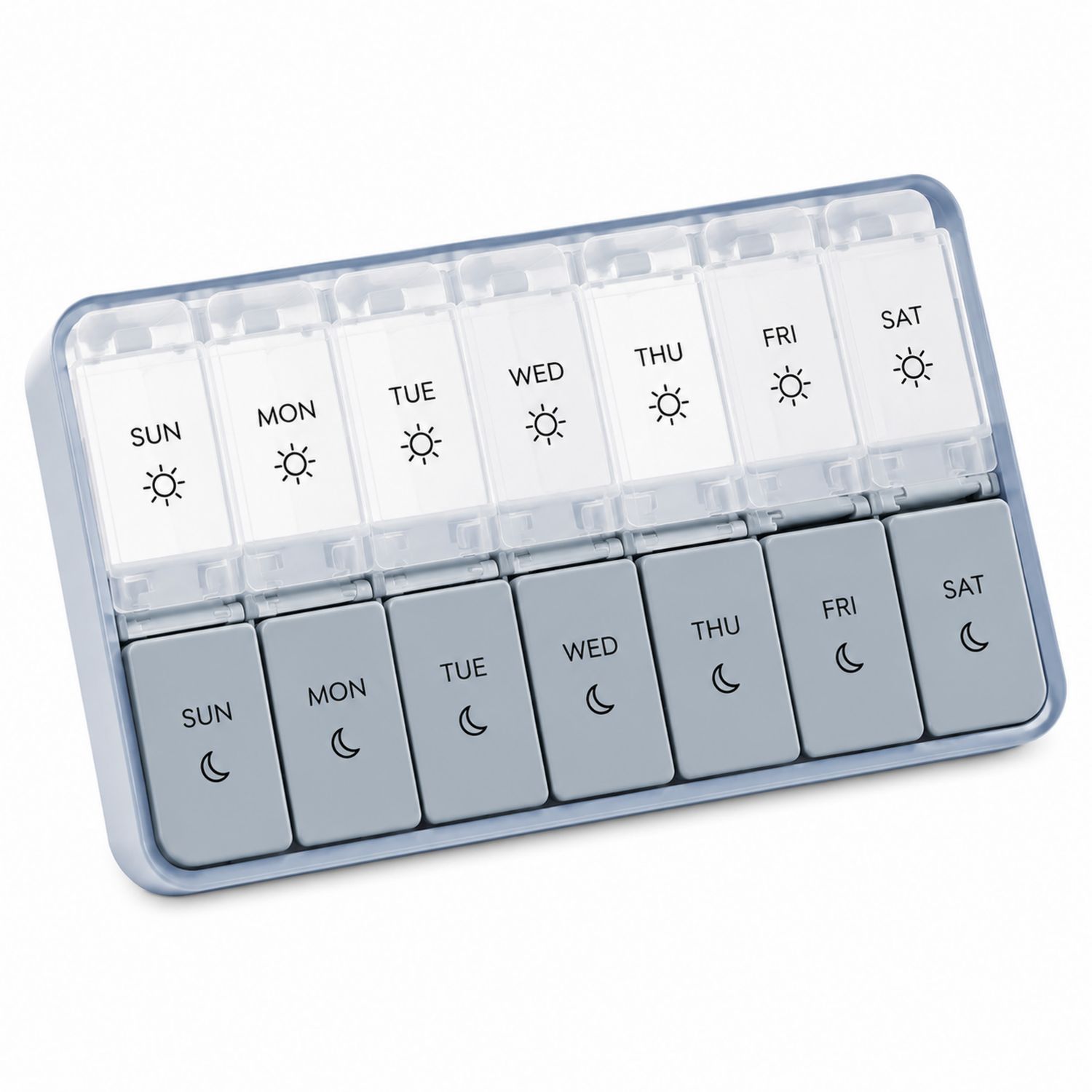 Organizzatore settimanale pillole giorno e notte con scomparti, Bianco e Grigio