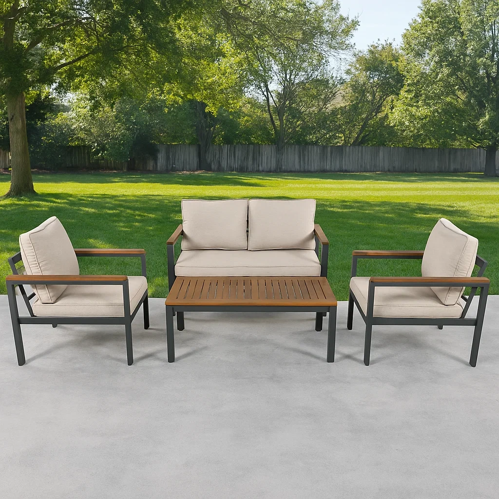 Gartenmöbel-Set mit Metallrahmen und Holztischplatte, Beige Kissen-decorelude