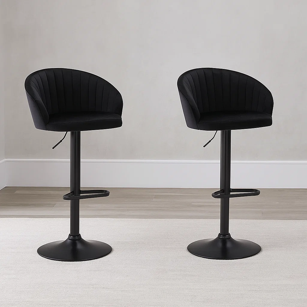 2er Set Barhocker Schwarz Samt mit Metallfuß-decorelude