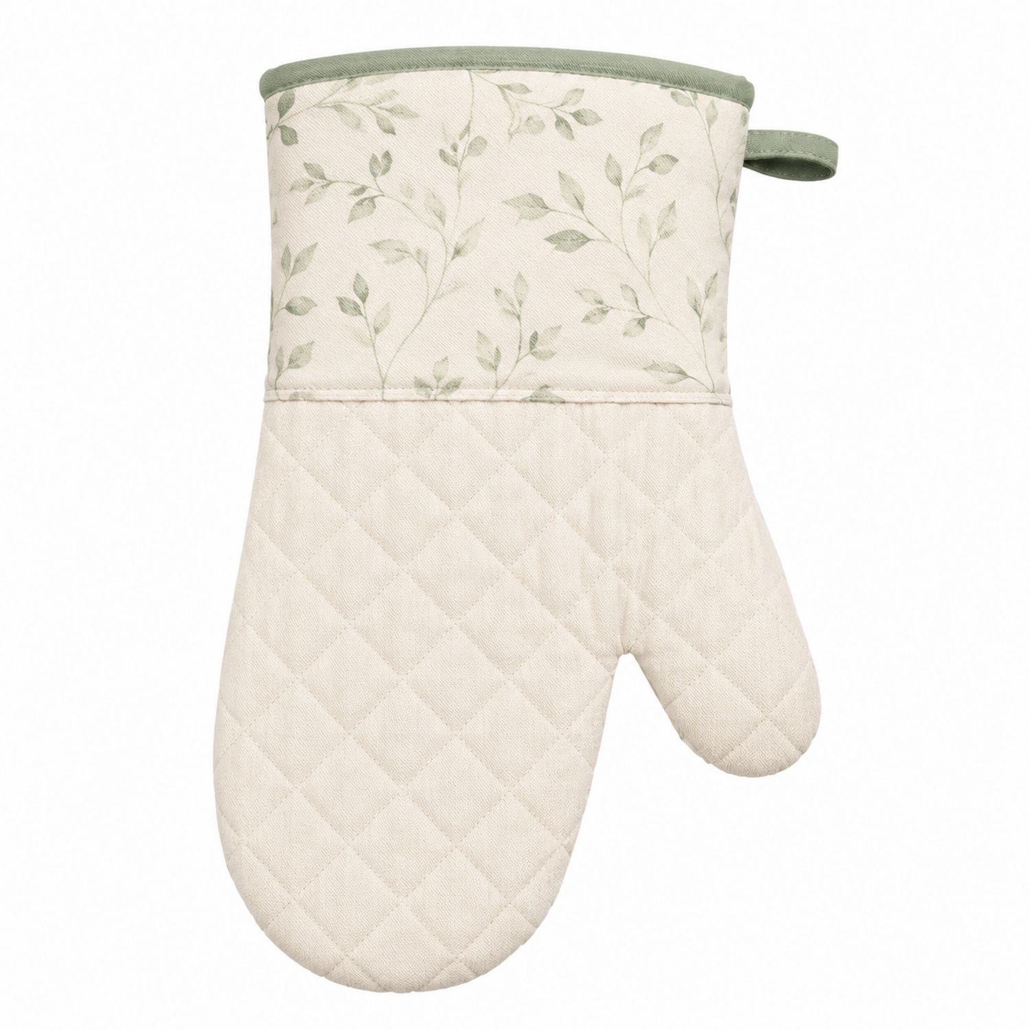 Ofenhandschuh Beige mit Grünem Floralem Muster-Cavessaliving