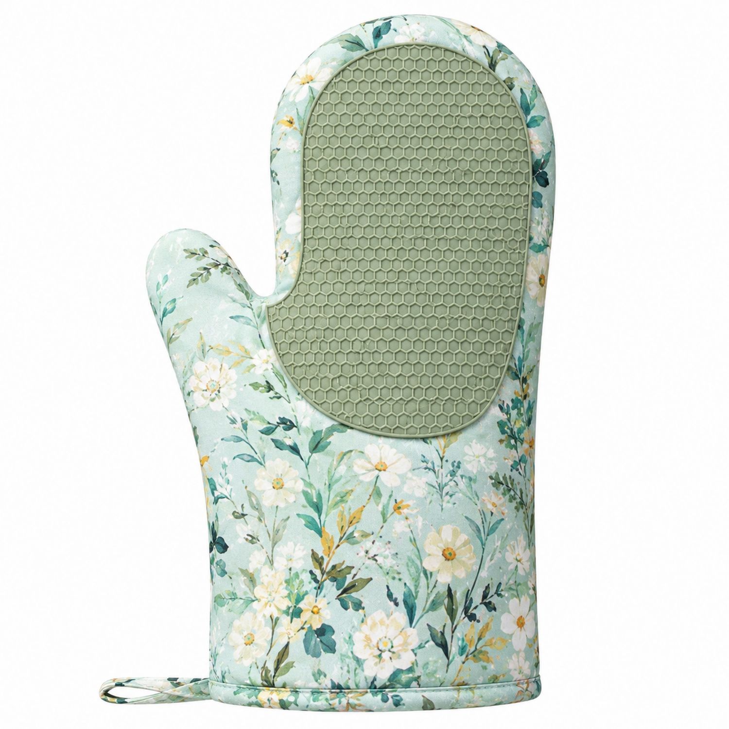 Küchenhandschuh Blumenmuster Hitzebeständig Silikongriff Grün/Weiß-Cavessaliving