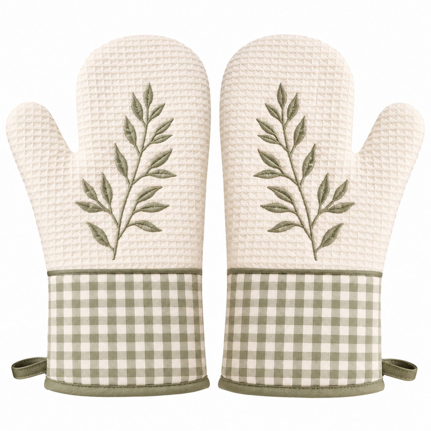 Ofenhandschuhe mit Stickerei und kariertem Design in Beige und Grün-Cavessaliving