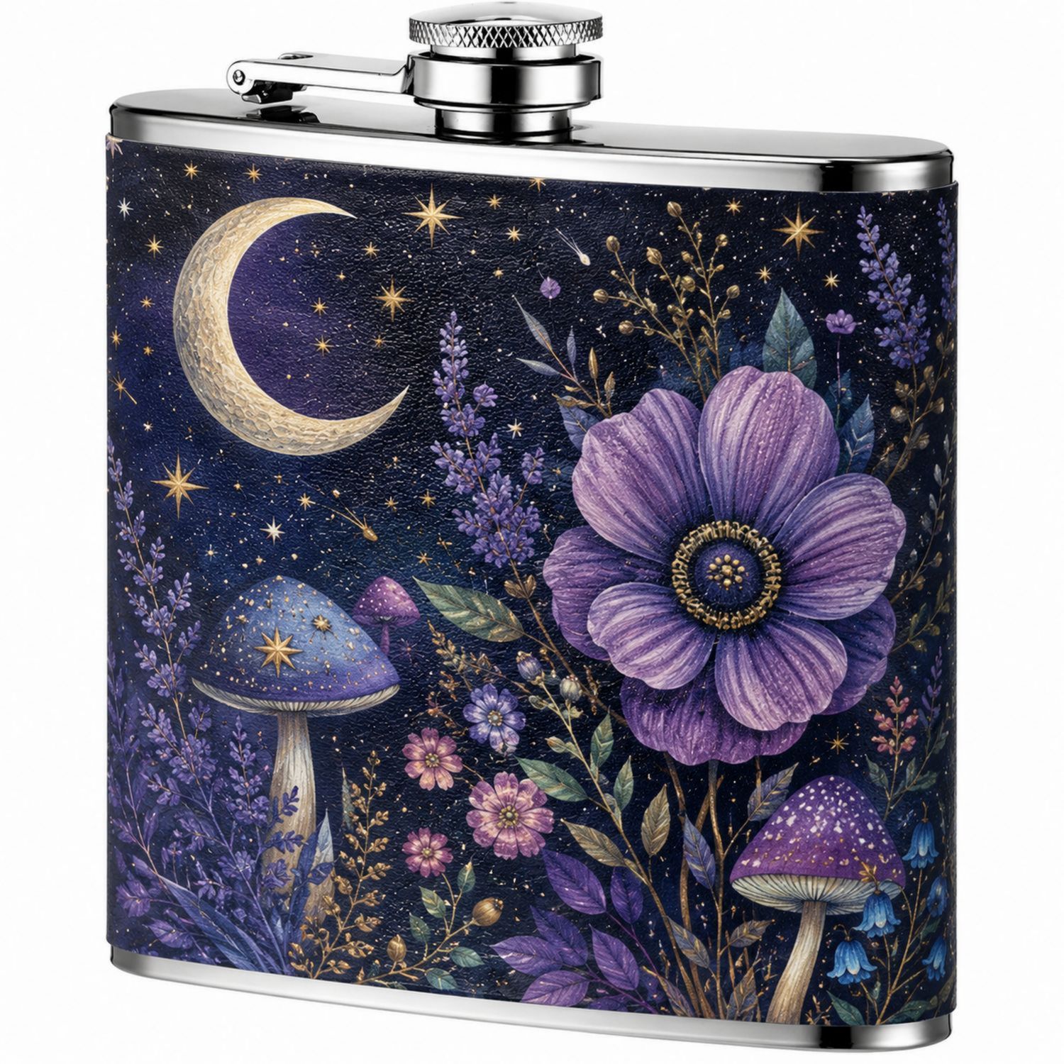 Flachmann mit Mond- und Blumendesign in Nachtblau und Violett, 180ml