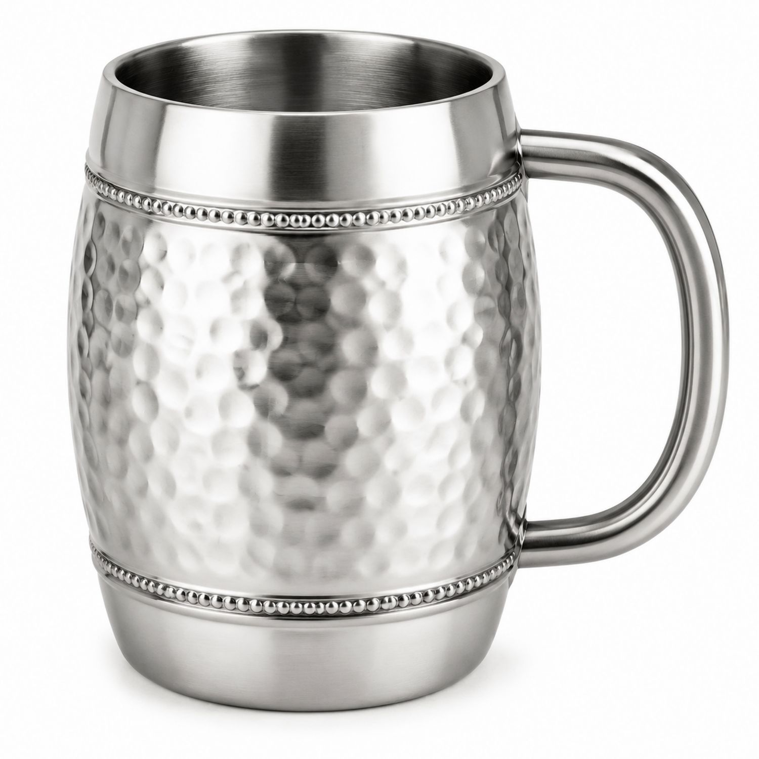 Silberne Edelstahltasse mit gehämmerter Oberfläche und Griff 450ml