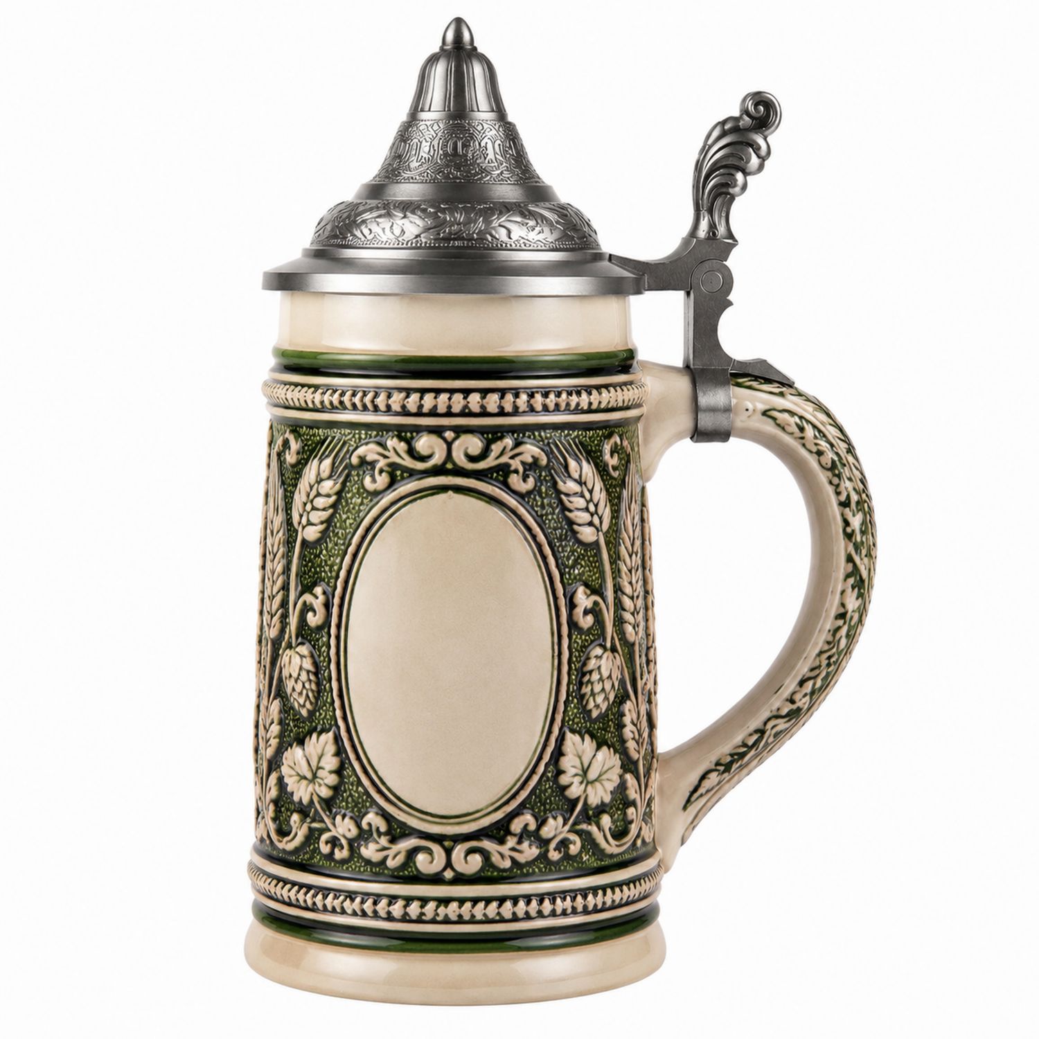 Handgefertigter Keramik-Bierkrug mit Zinn-Deckel, 500ml, Grün/Beige