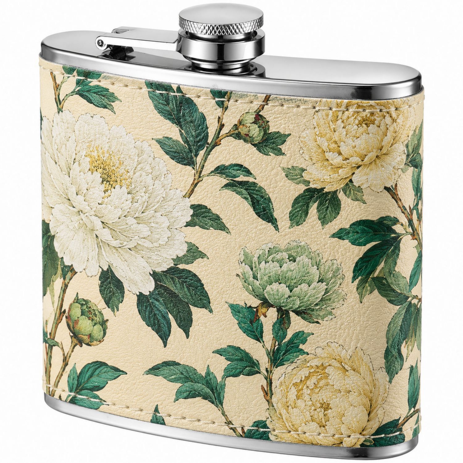 Edelstahl-Flachmann mit Blumenmuster, Beige/Grün, 180 ml