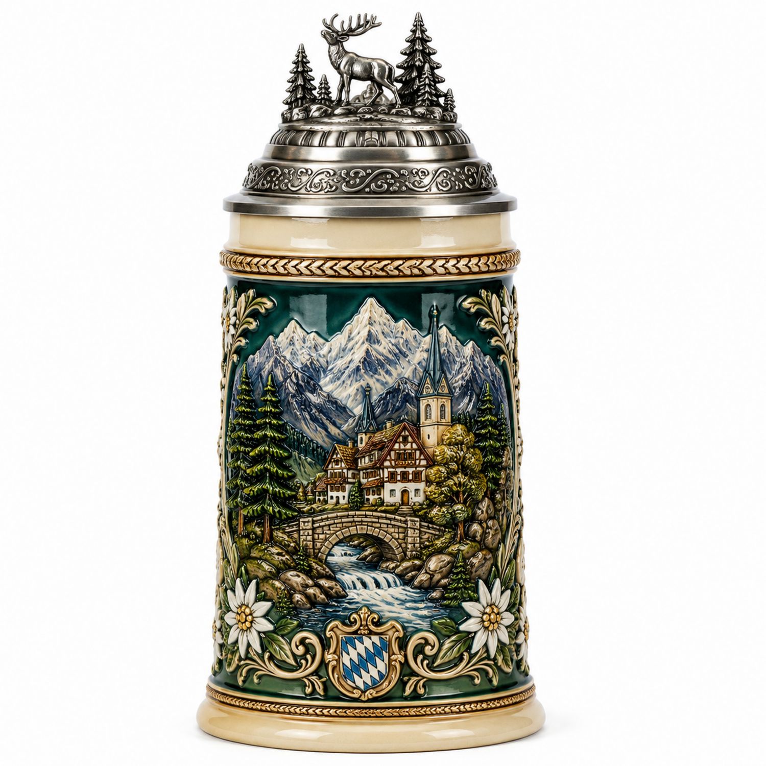 Traditioneller Keramikbierkrug mit Berg- und Waldmotiv, 500ml