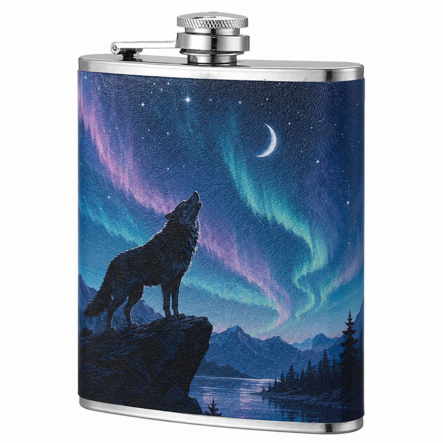 Flachmann Edelstahl mit Wolf und Polarlicht Design 240ml