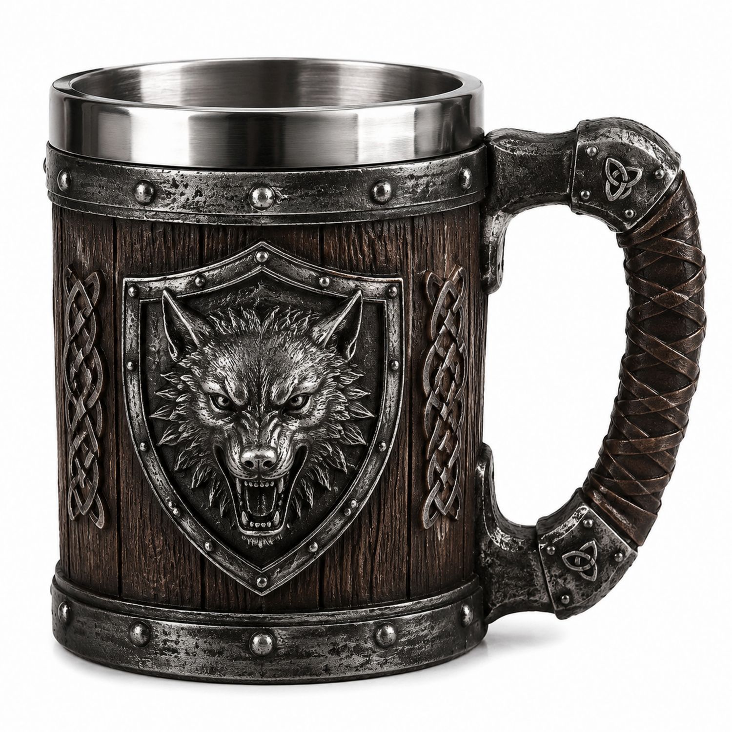 Wikinger Krug mit Wolfsmotiv in Silber und Braun