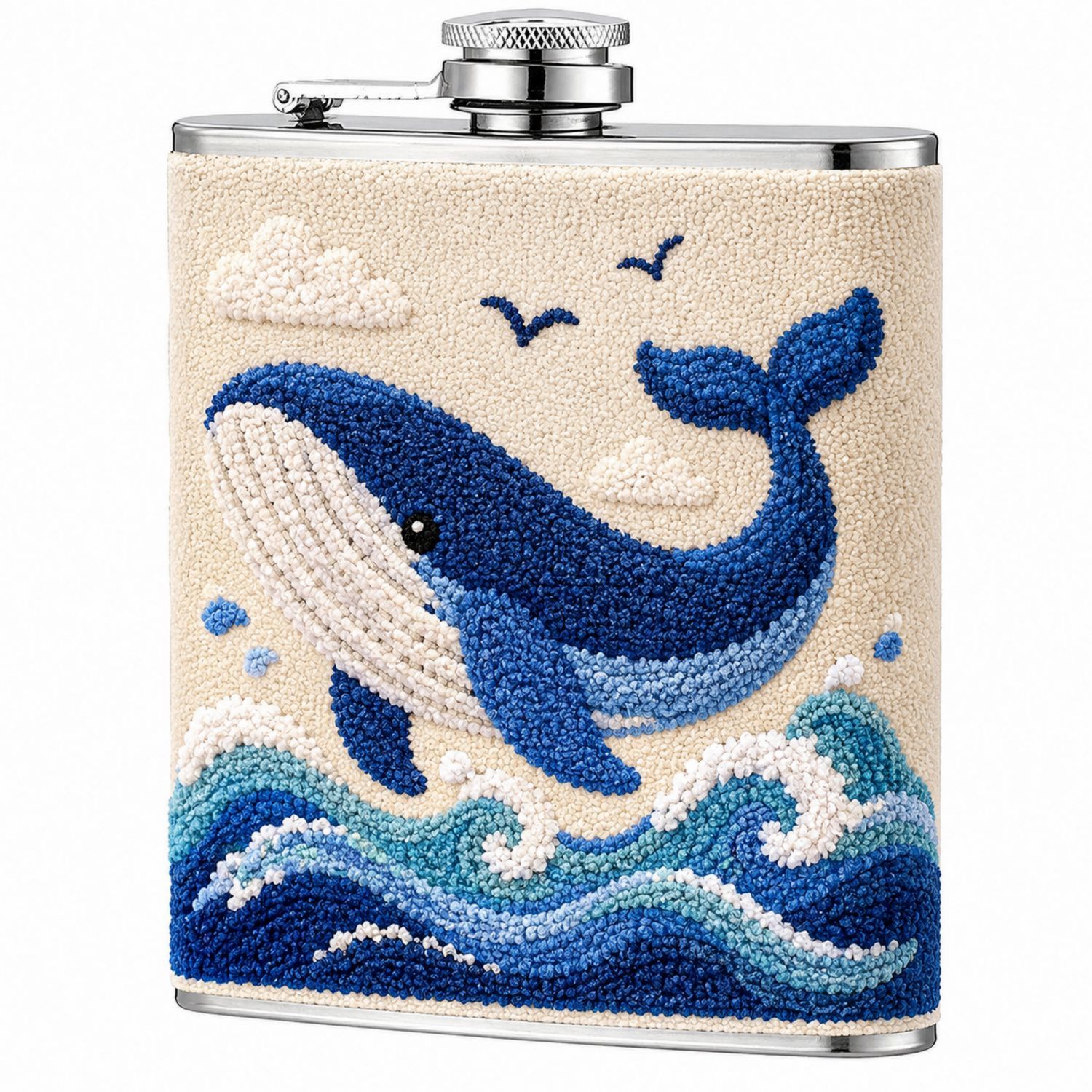 Flachmann mit Wal-Stickerei, 200 ml, Blau/Beige