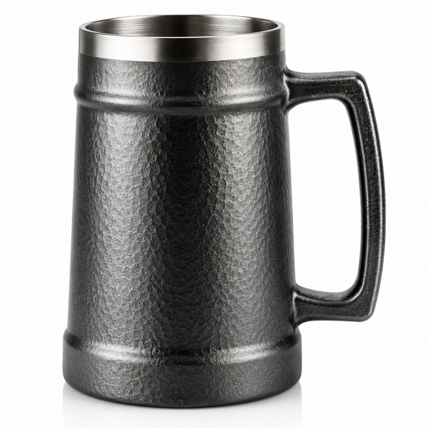 Schwarzer Edelstahl Bierkrug 600ml mit Hammerschlagoptik
