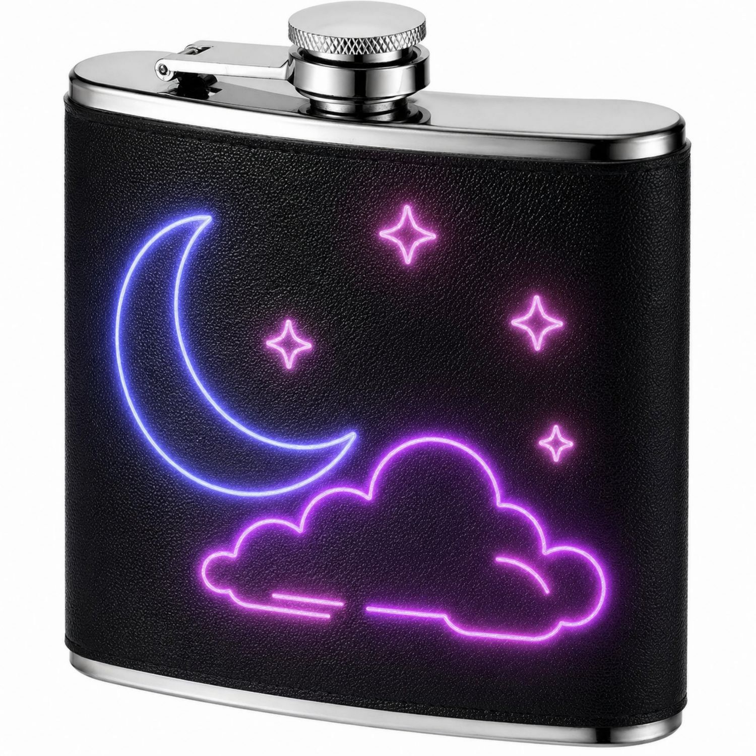 Schwarzer Flachmann mit Neon Mond- und Sternenmotiv 200ml