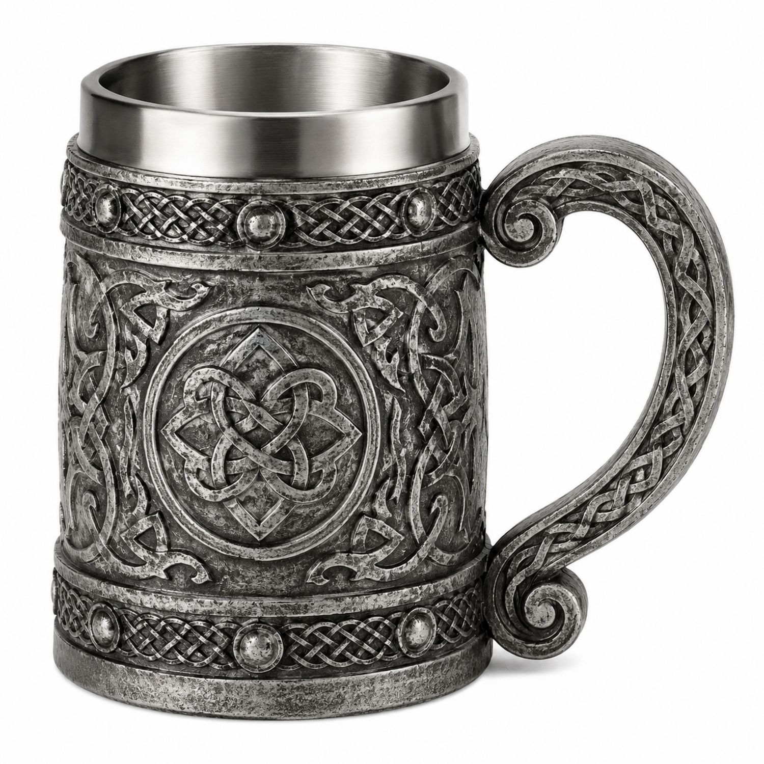 Wikinger-Krug mit keltischem Muster und Griff, Edelstahl innen, Antikes Grau