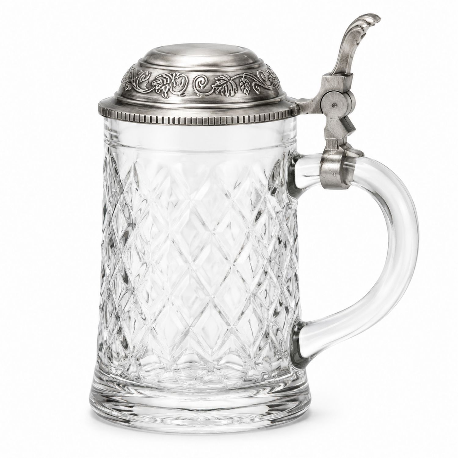 Bierkrug aus Kristallglas mit geprägtem Zinndeckel, 500ml, Klar/Silber