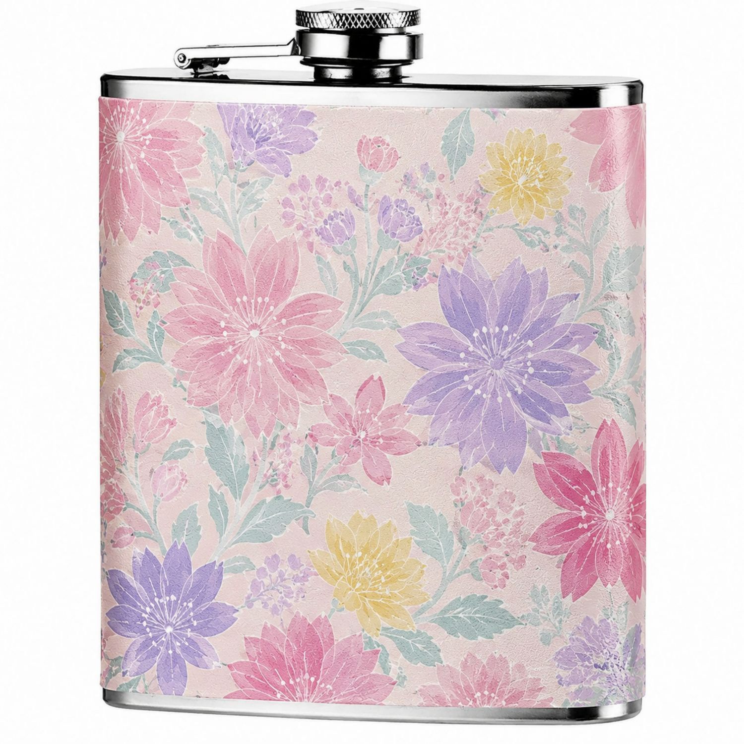 Edelstahlflachmann mit floralem Muster 240ml - Rosa/Lila/Gelb