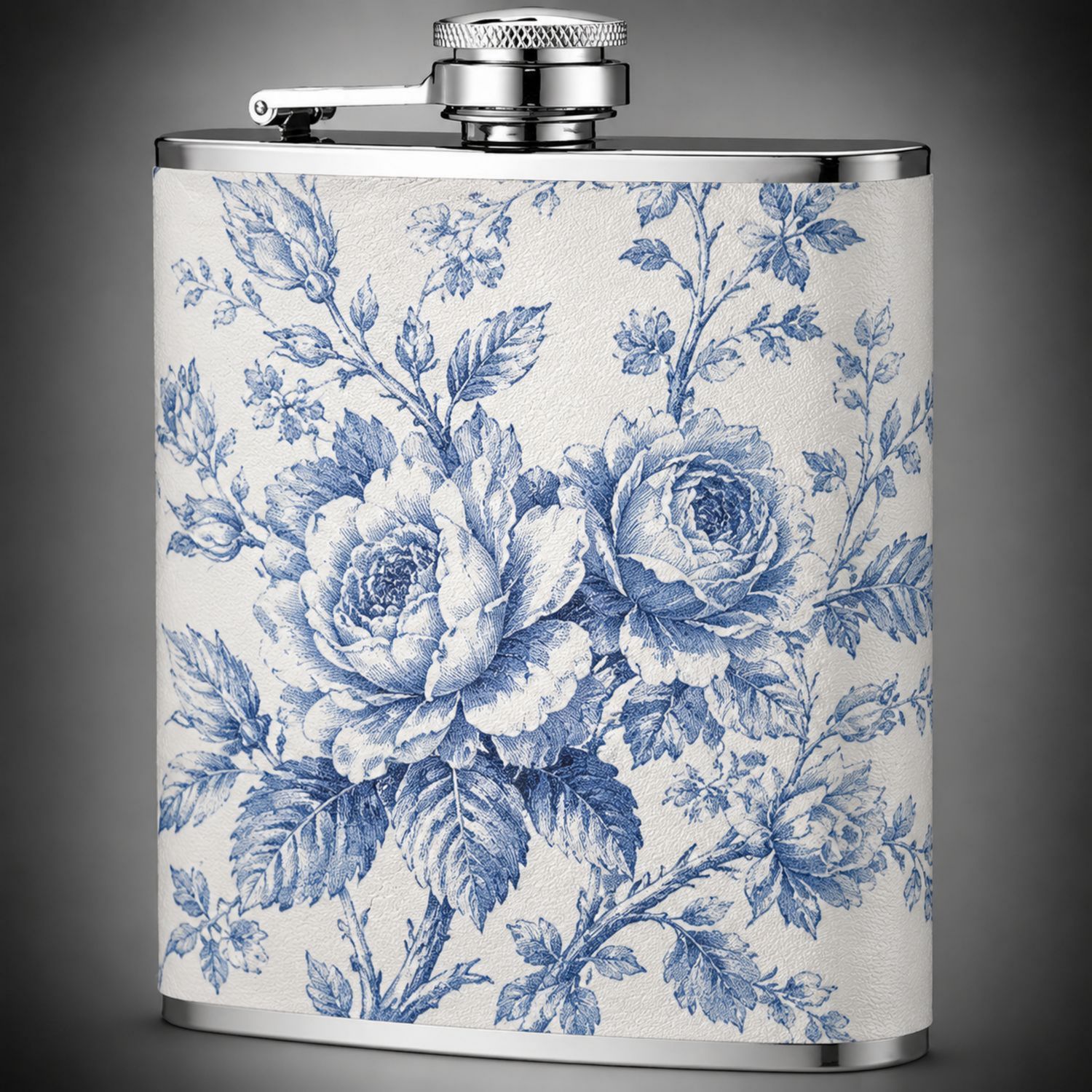 Edelstahlflachmann Blau-Weiß mit Blumenmuster 240ml