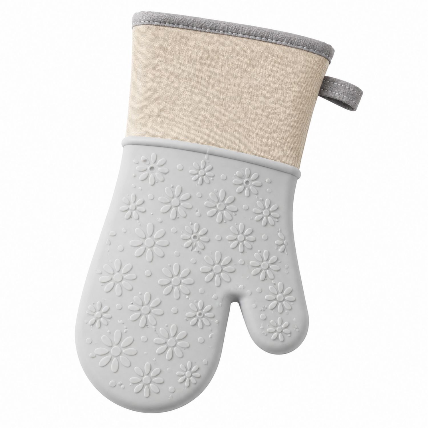 Gant de Cuisine Antidérapant Gris et Beige avec Motif Floral
